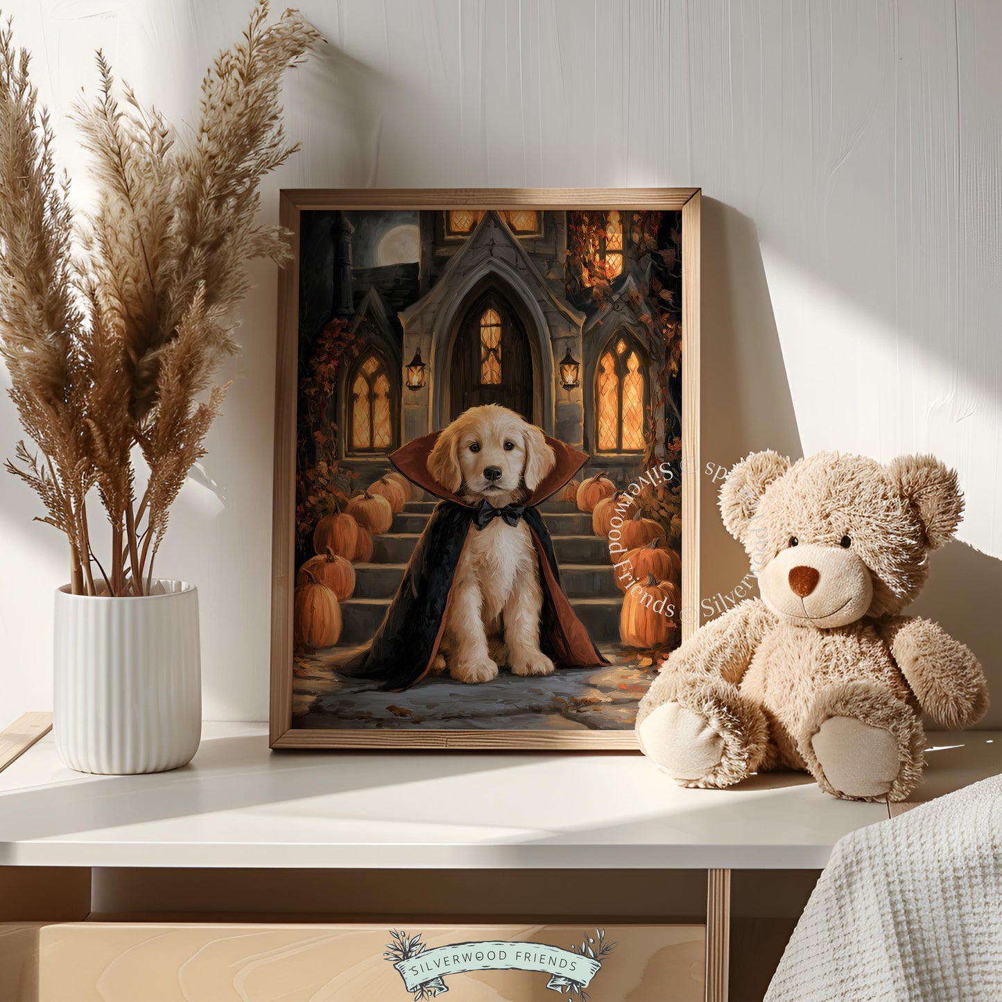 Vampire puppy Halloween wall print instant download — moody seasonal art featuring glowing arched windows