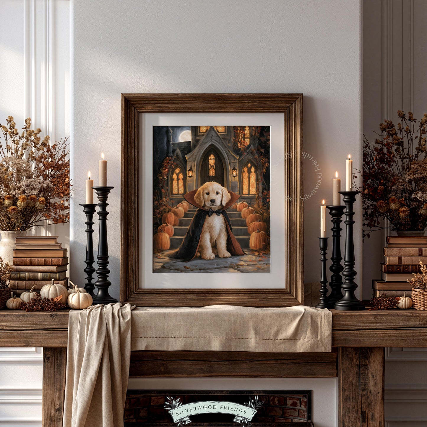 Little retriever vampire artwork instant download — friendly ghost-adjacent spooky season wall art