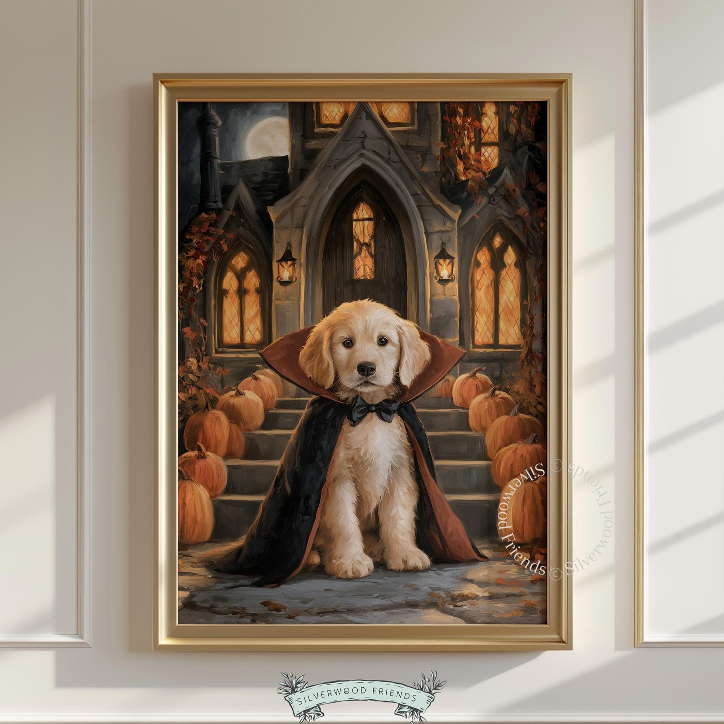 Charming dog in black cape poster for bedroom — warm rustic fall décor with gothic stone entrance