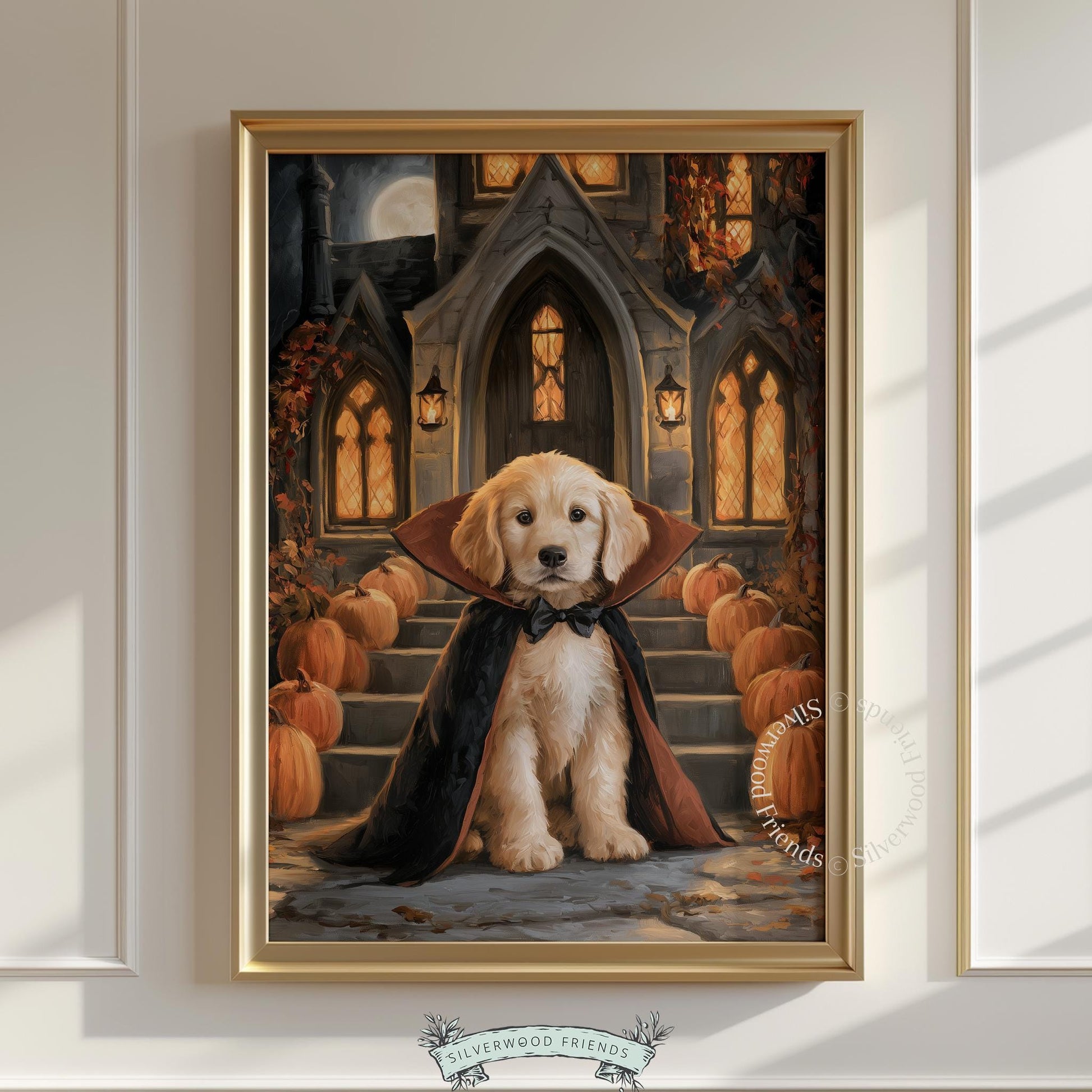 Charming dog in black cape poster for bedroom — warm rustic fall décor with gothic stone entrance