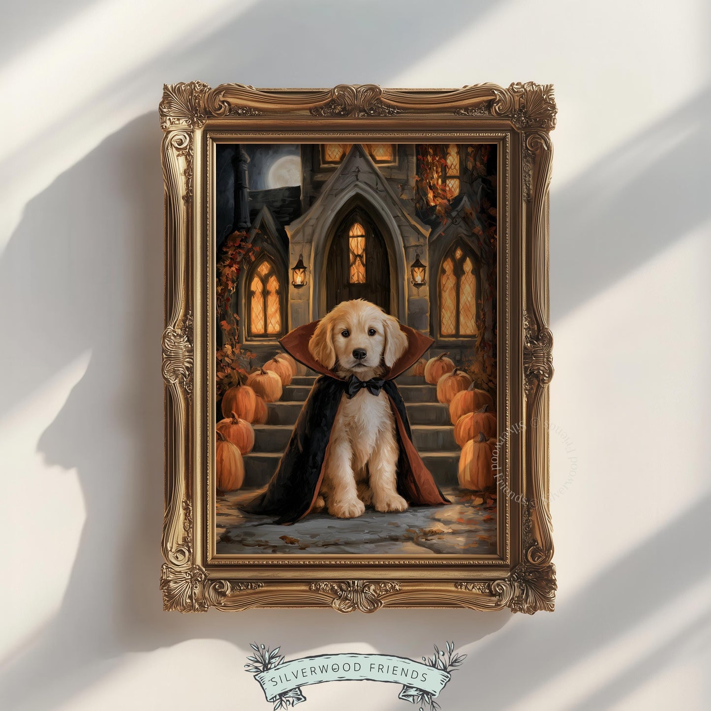 Cute canine character picture printable art — cozy autumn cottage décor with pumpkin-lined steps