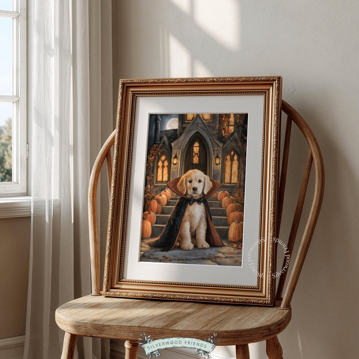 Friendly pup in Halloween cape wall art printable — rustic autumn cottage décor featuring vintage brushwork