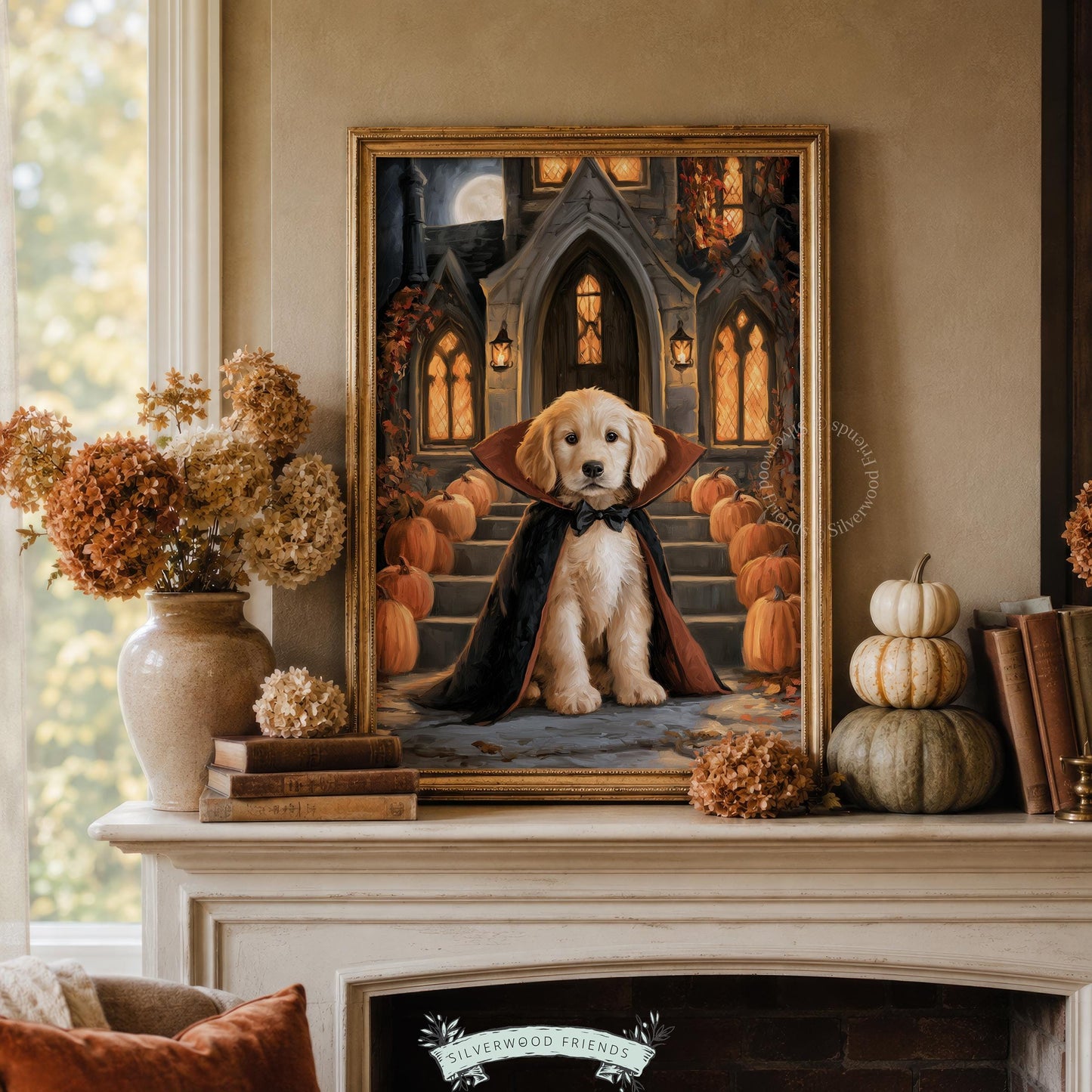 Golden dog vampire picture poster instant download — cozy Halloween wall art with romantic gothic setting