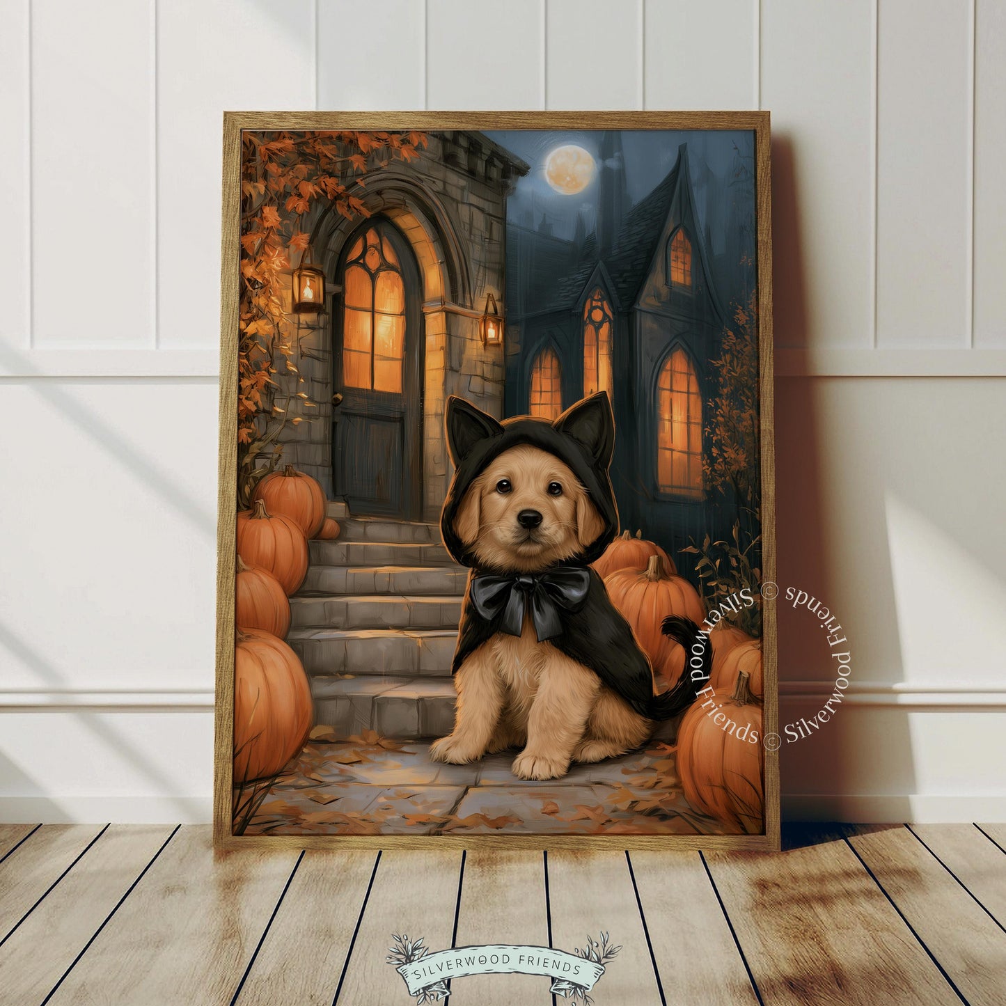 Golden pup dressed up picture for witchy home décor — painterly spooky scene with pumpkins glowing lanterns and moonlight
