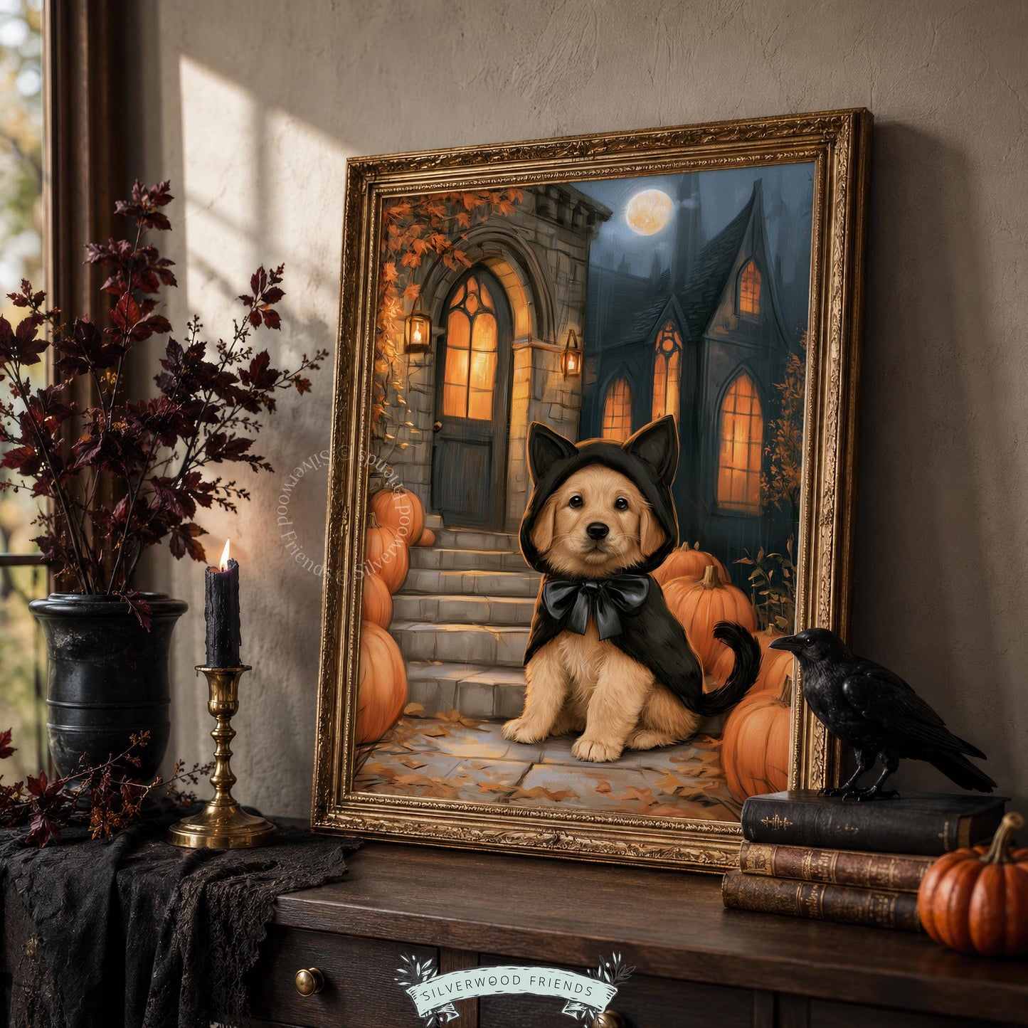 Playful retriever dressed up picture for rustic fall decorating — warm glowing atmospheric with haunted house autumn mood