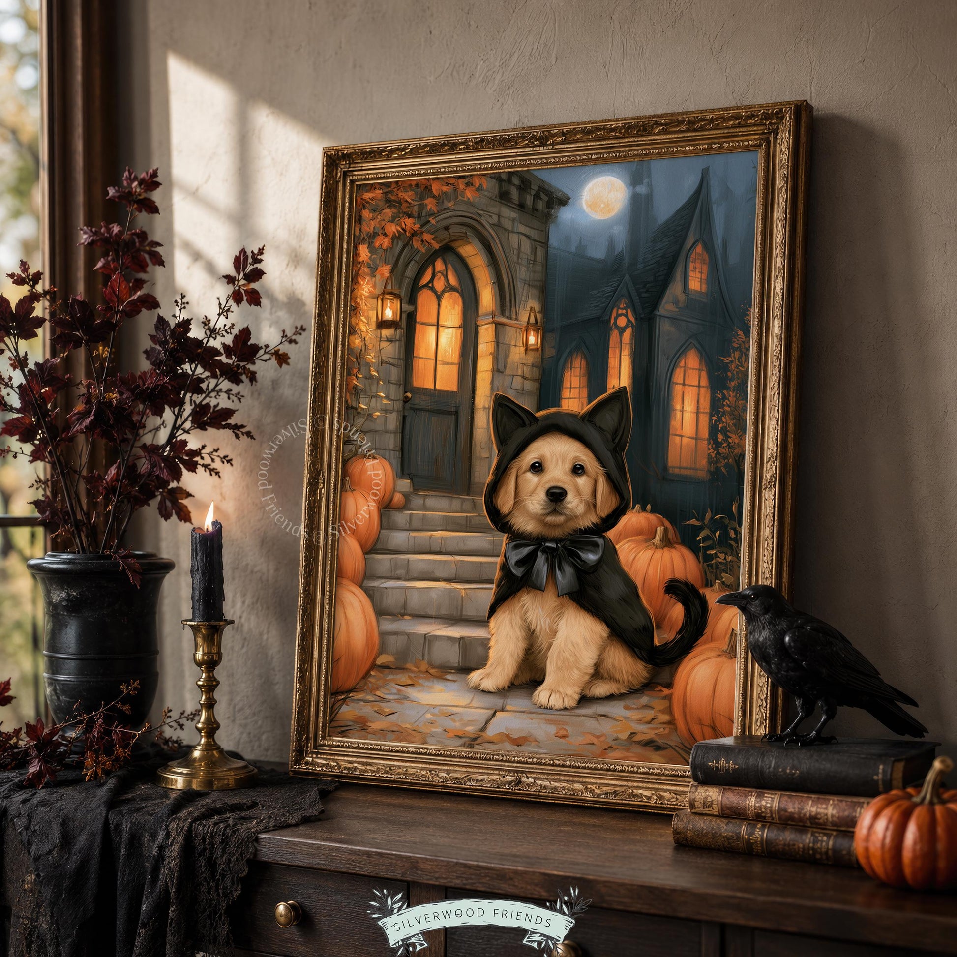 Playful retriever dressed up picture for rustic fall decorating — warm glowing atmospheric with haunted house autumn mood