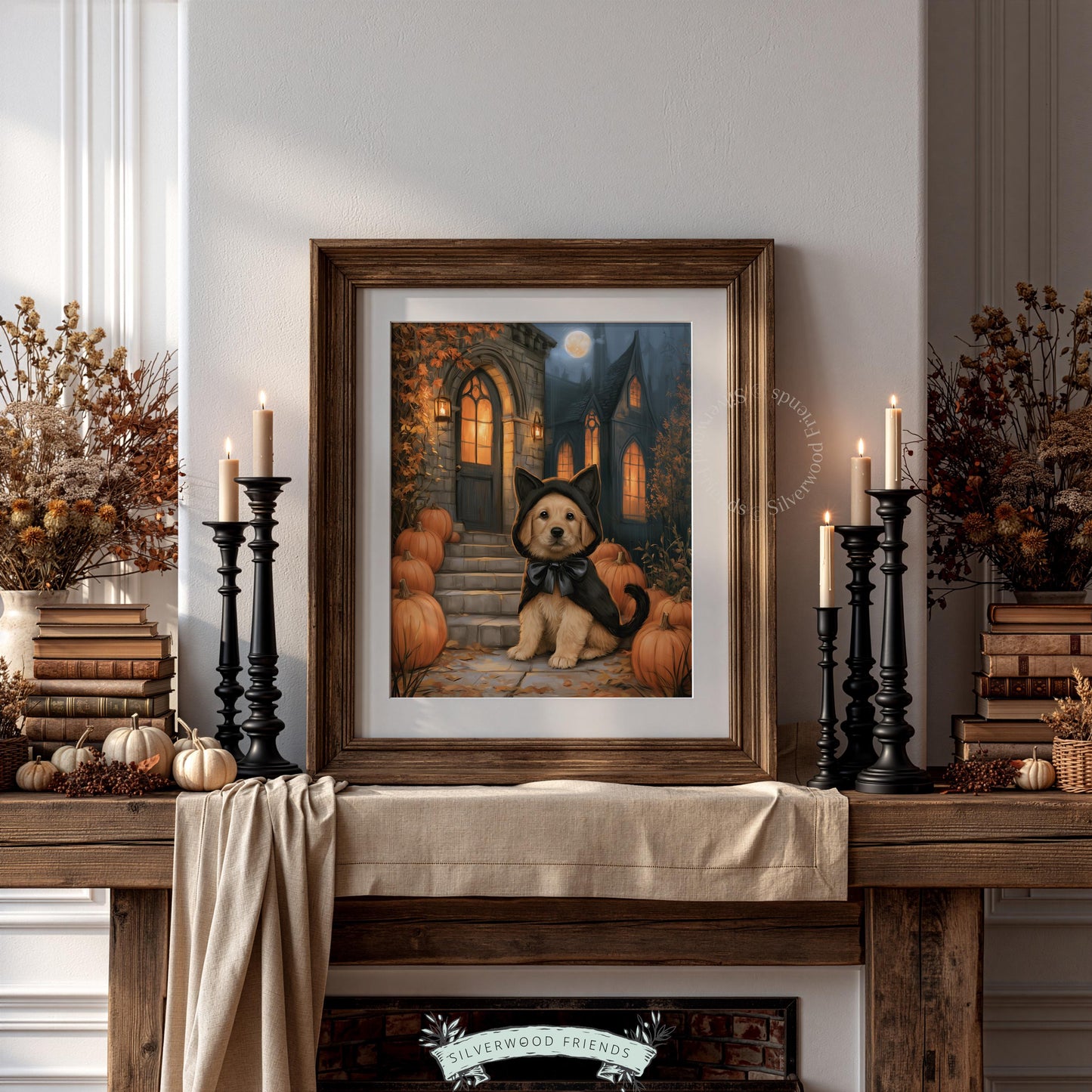 Playful pup in costume digital art print for spooky season décor — atmospheric haunted house scene with glowing details