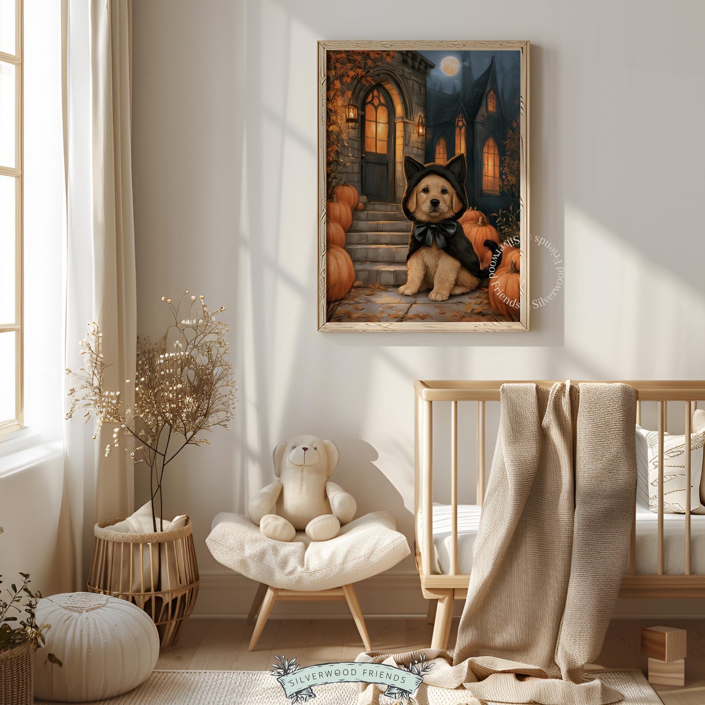 Puppy Halloween costume poster for cozy living room — warm atmospheric painting with full moon autumn foliage