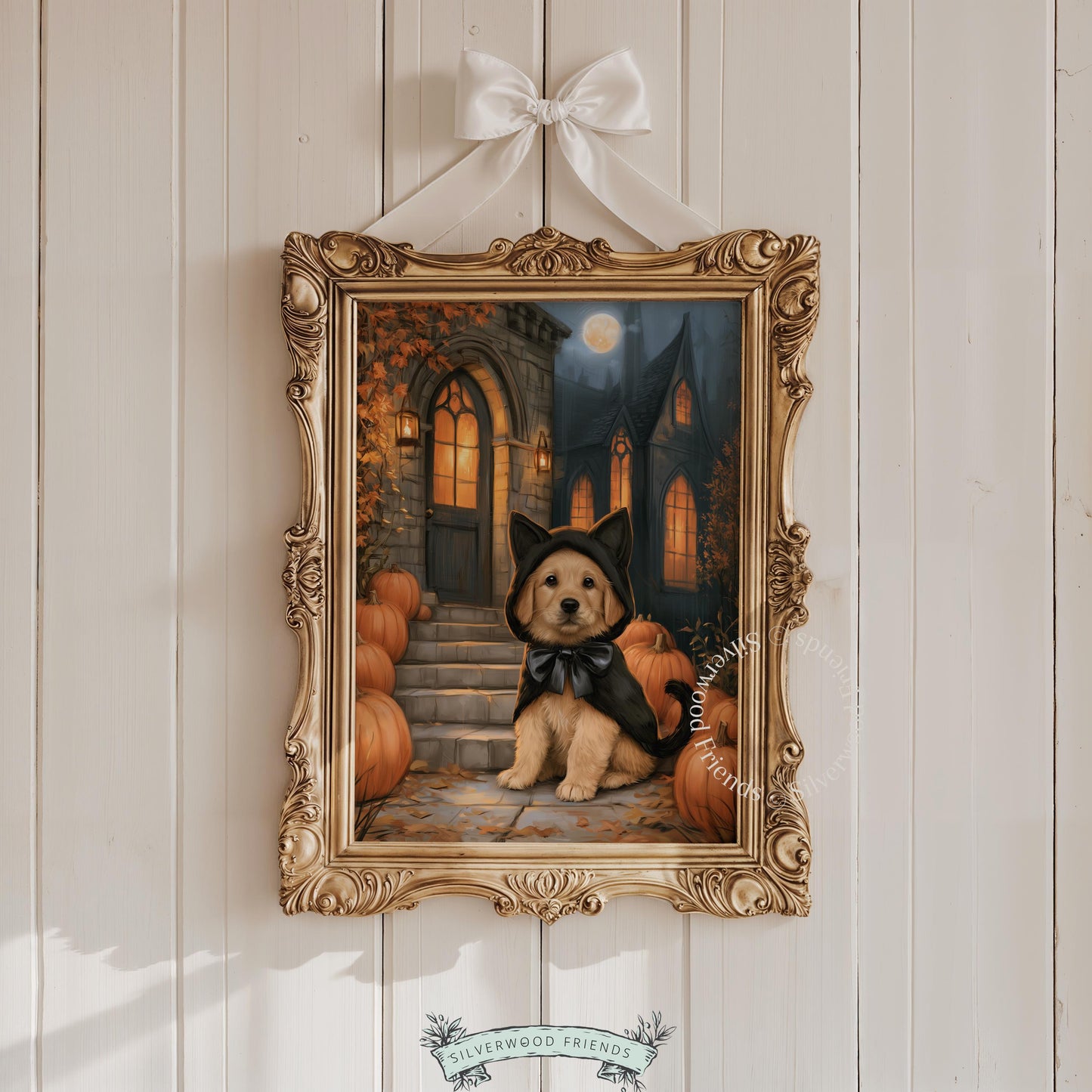 Adorable puppy dressed spooky instant download poster — cozy seasonal artwork featuring moonlit pumpkin patch scene