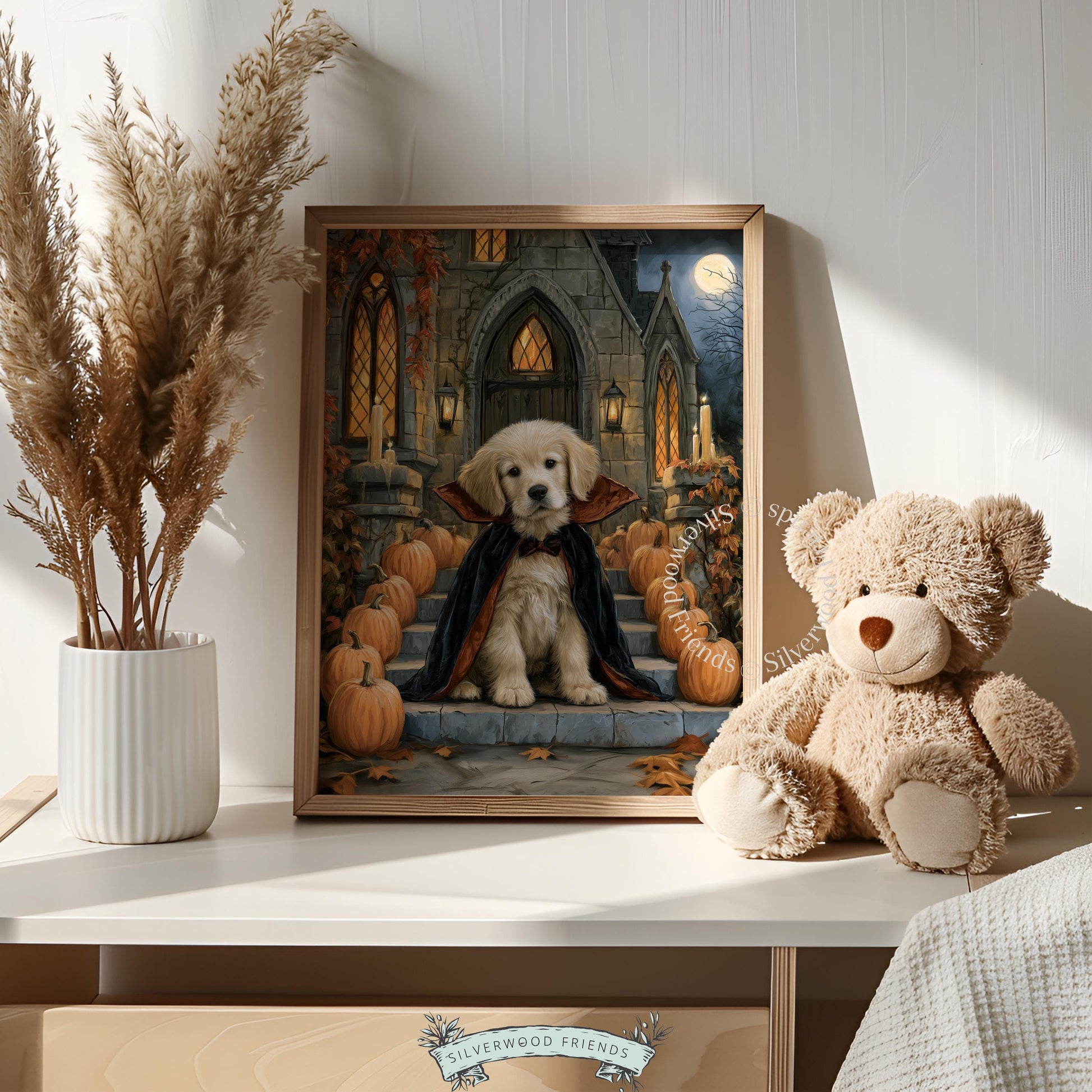 Rustic autumn cottage puppy poster — halloween-themed with candlelit stone archways
