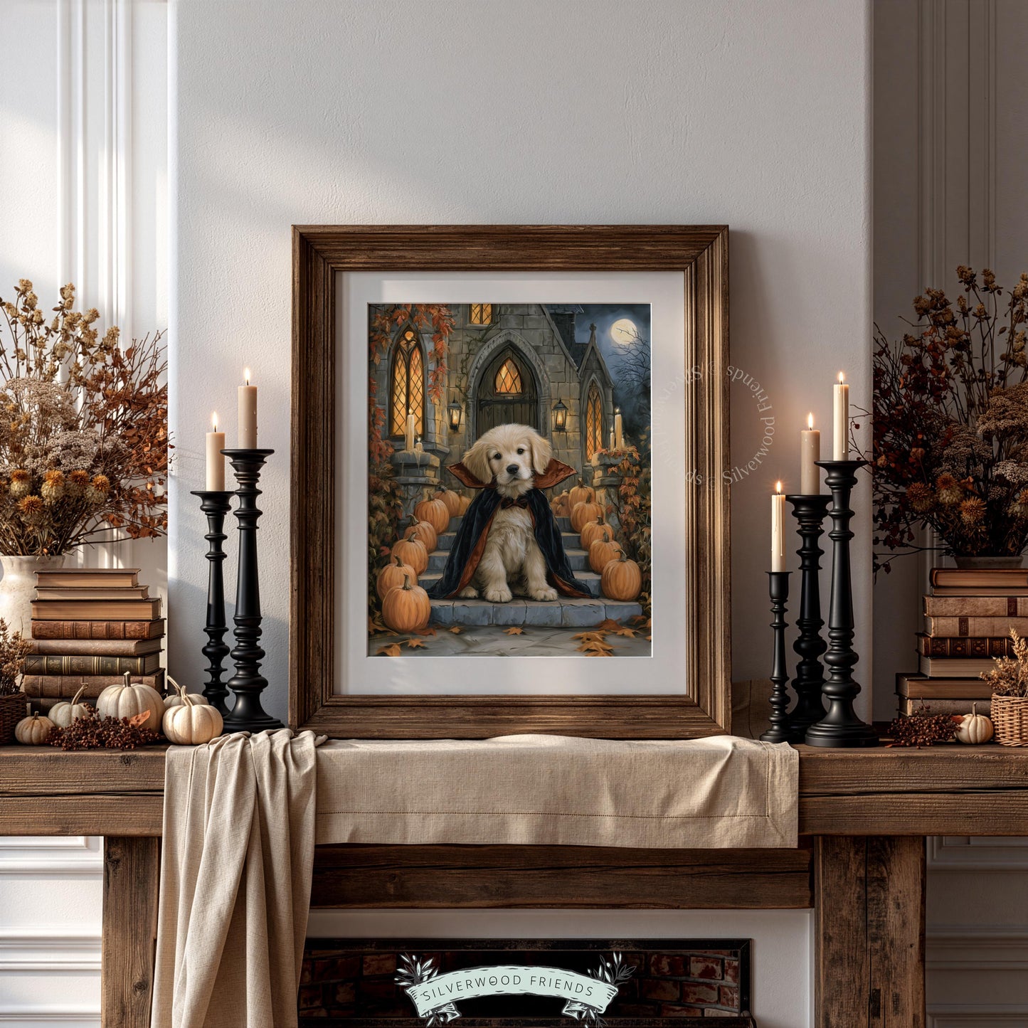 Supernatural puppy wall art for library — dark festive mood with castle architecture and moon glow