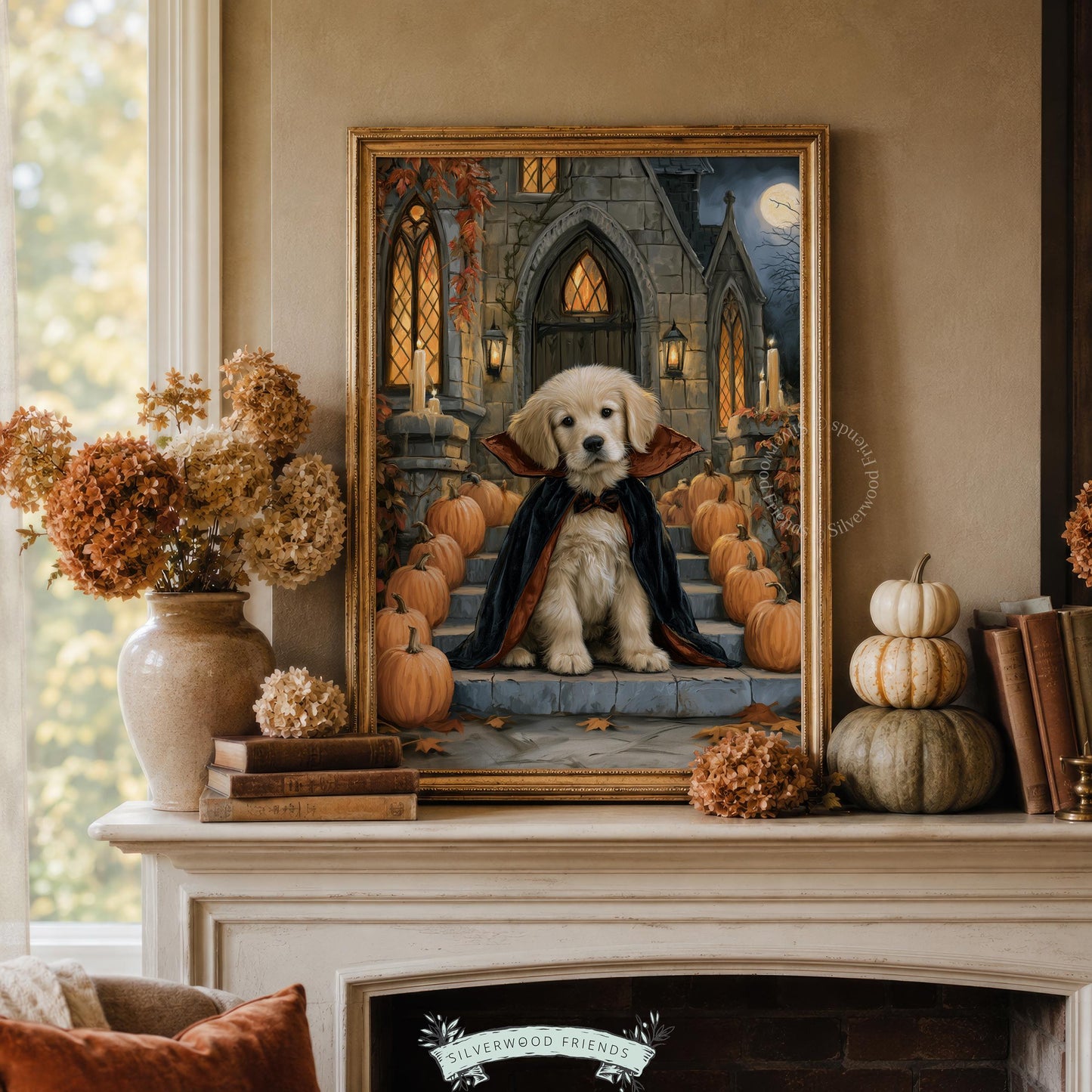 Golden retriever halloween picture for entryway — cozy pumpkin patch and moonlit gothic backdrop