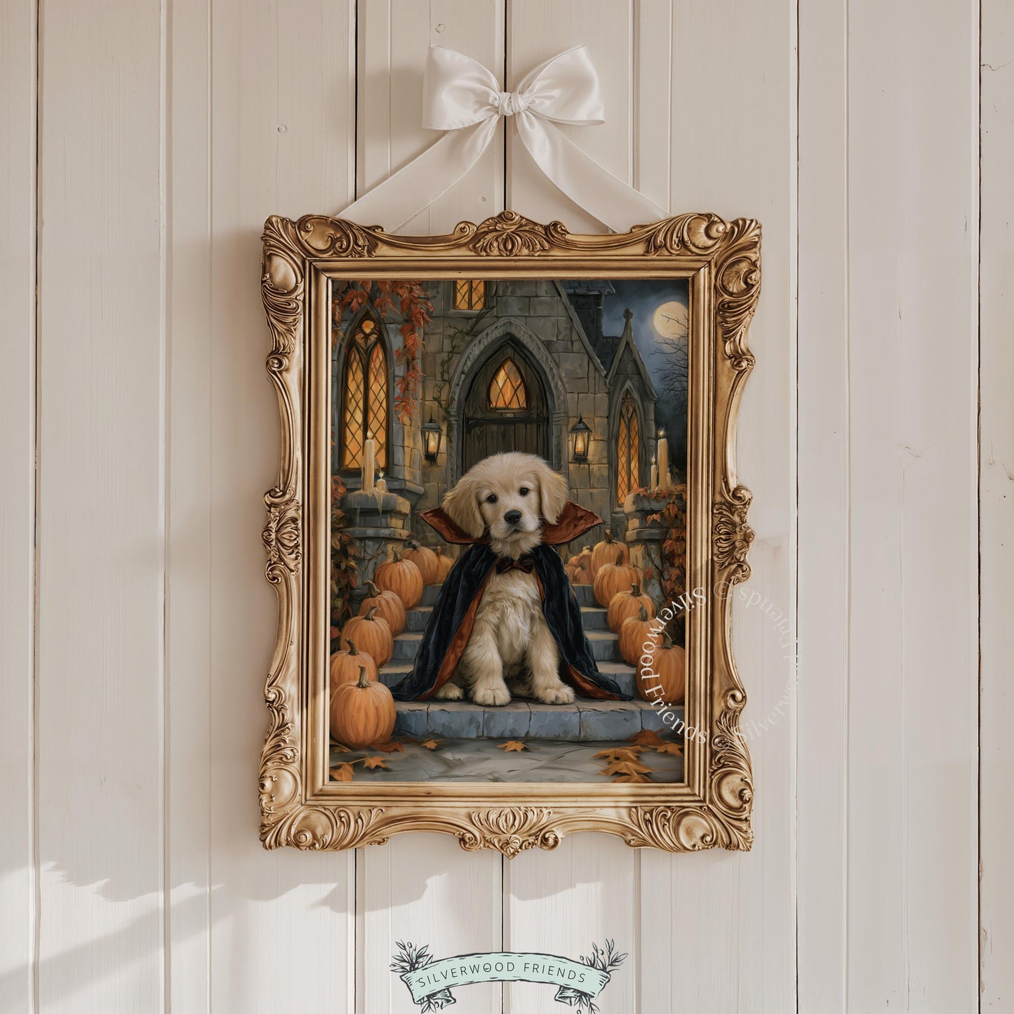 Dog in cape wall art for bedroom — moody autumn night with pumpkins and glowing lanterns