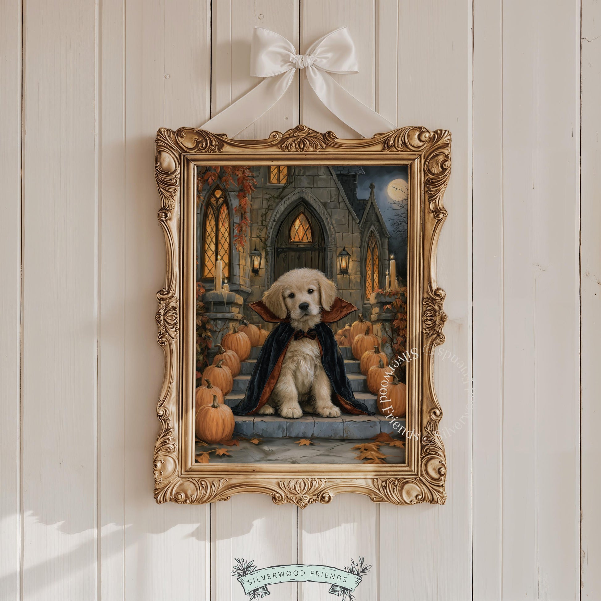 Dog in cape wall art for bedroom — moody autumn night with pumpkins and glowing lanterns