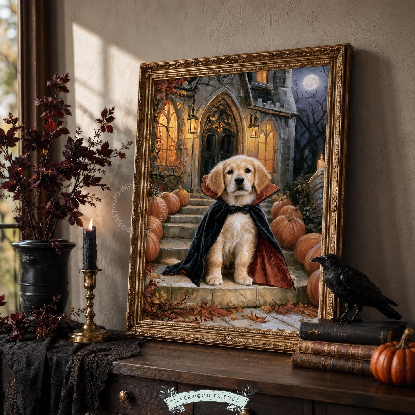 Scary-cute dog portrait wall art — vampire-themed golden pup surrounded by orange pumpkins and moonlit autumn landscape