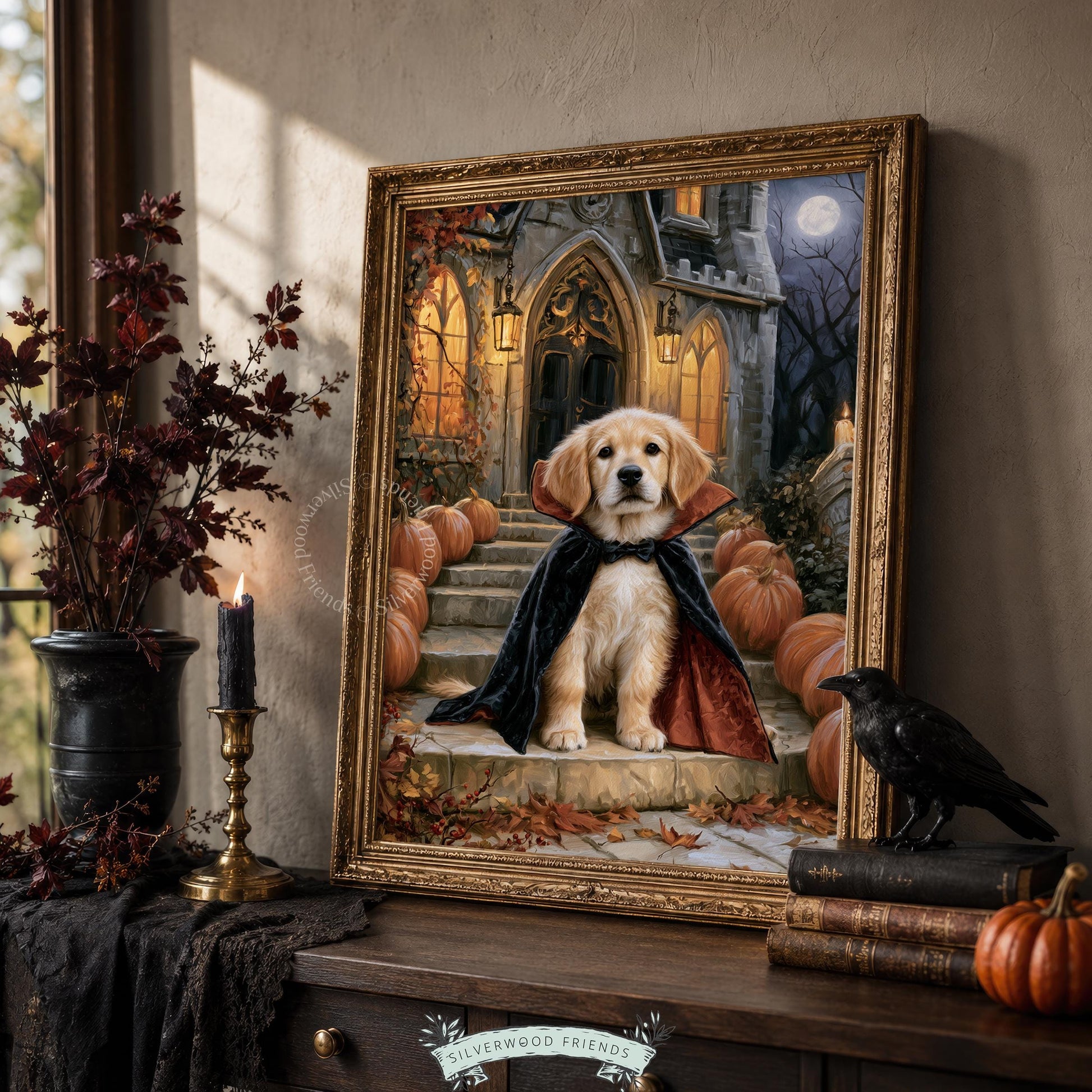 Scary-cute dog portrait wall art — vampire-themed golden pup surrounded by orange pumpkins and moonlit autumn landscape