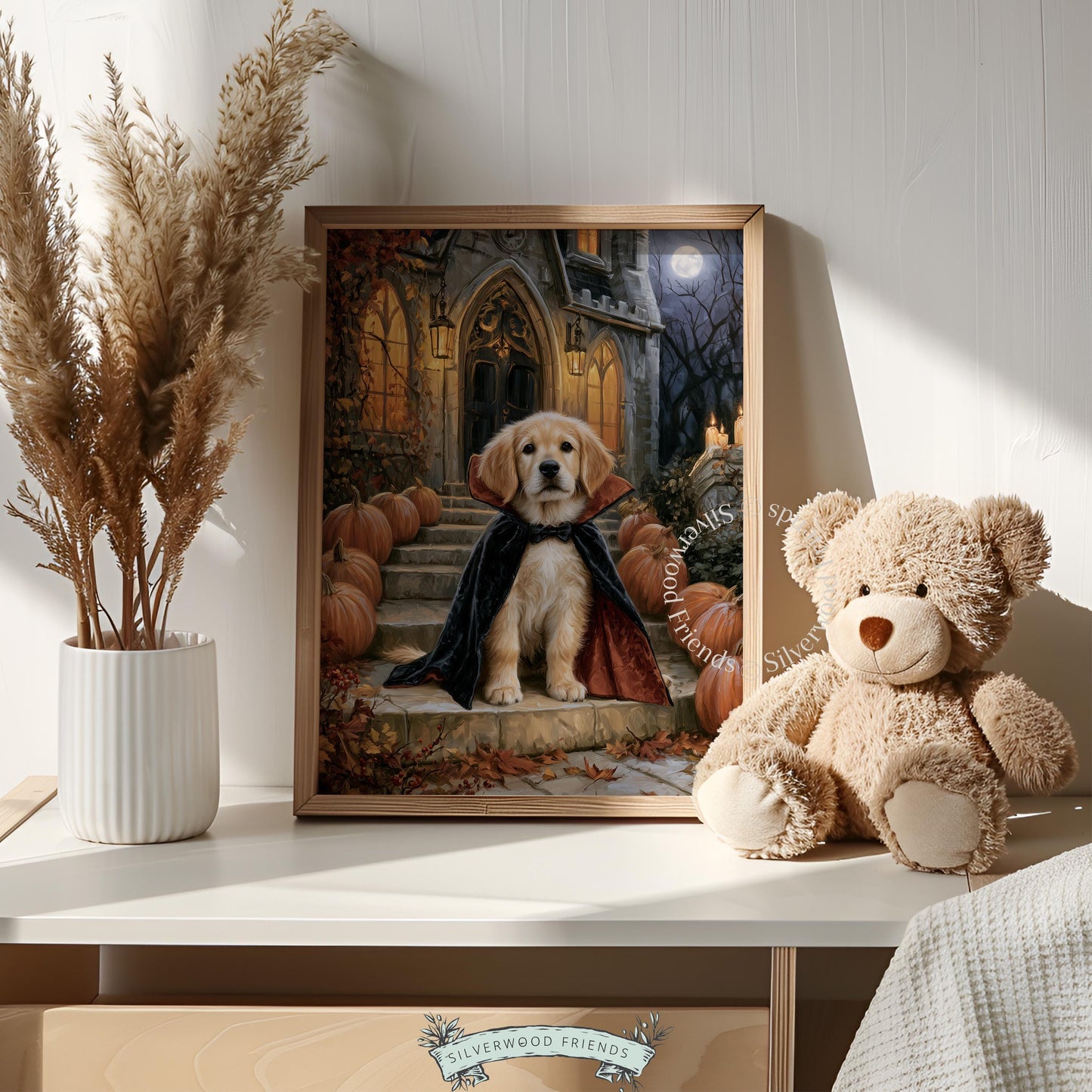 Witchy home decor dog artwork — dark moody seasonal print featuring cute puppy in cape amid gothic setting and autumn vibes