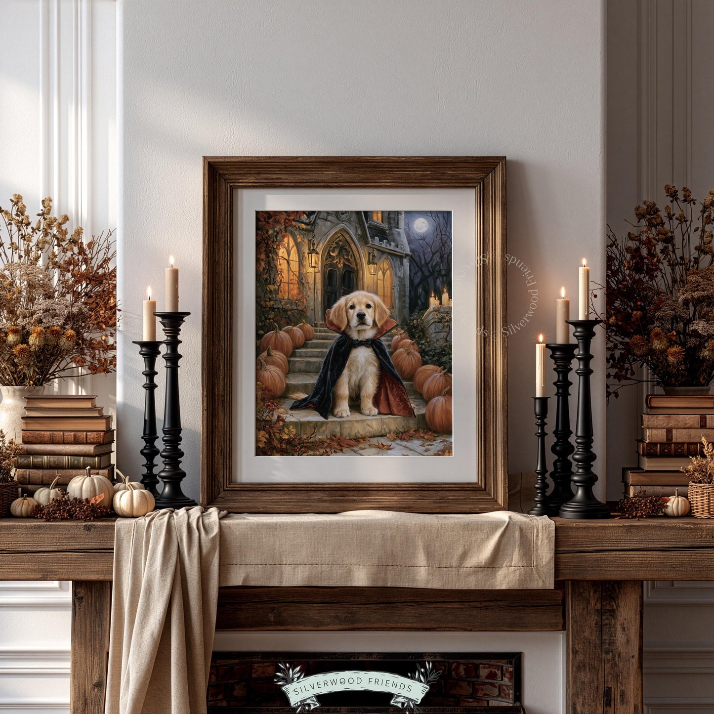 Fall hosting decor dog picture — moody Halloween portrait of golden puppy in dramatic black and red cape surrounded by festive pumpkins