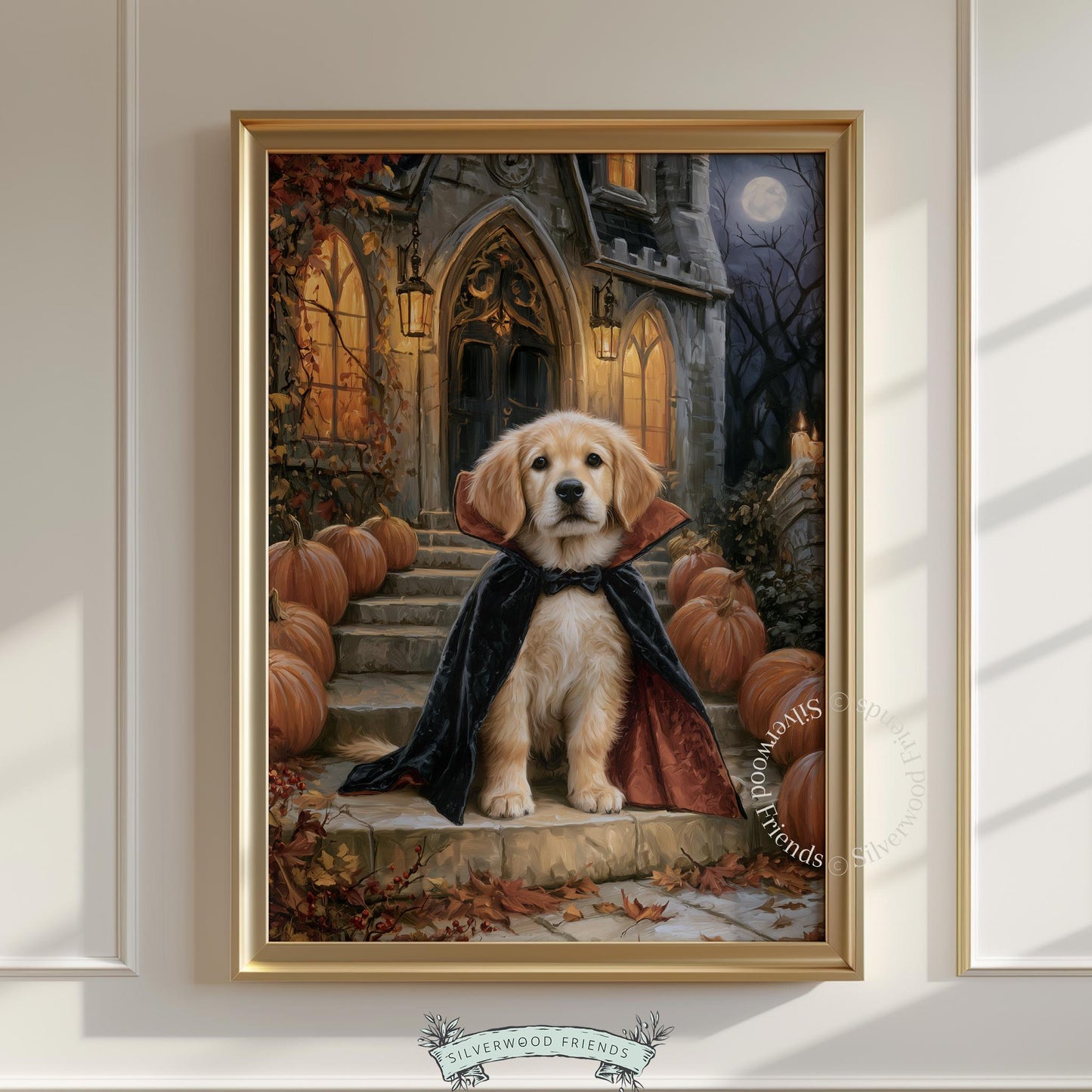Autumn puppy painting for dining room — atmospheric dark academia poster with golden retriever in dramatic black cape