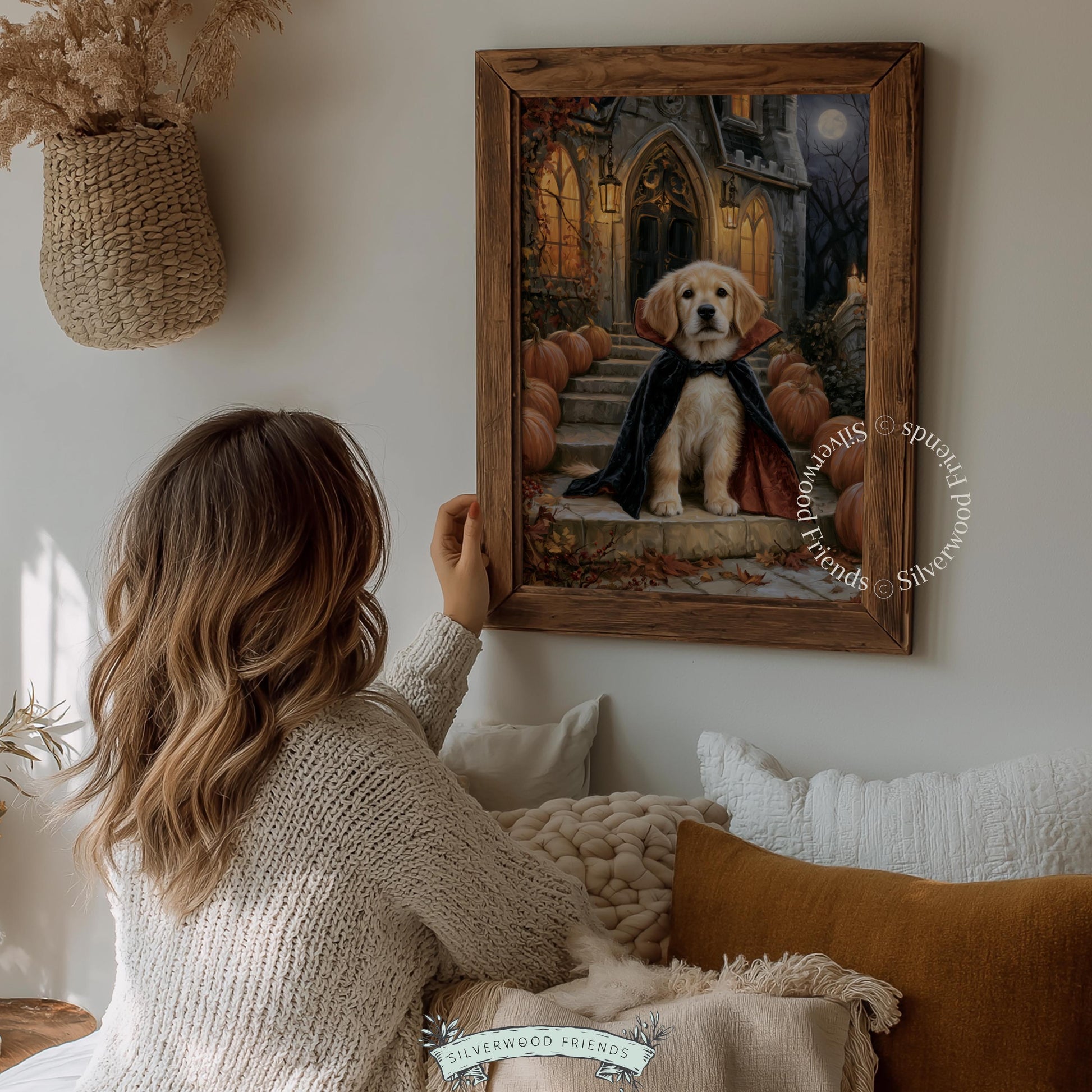 Spooky season dog artwork for bedroom — charming retriever in cape with autumn decorations and vintage painted aesthetic
