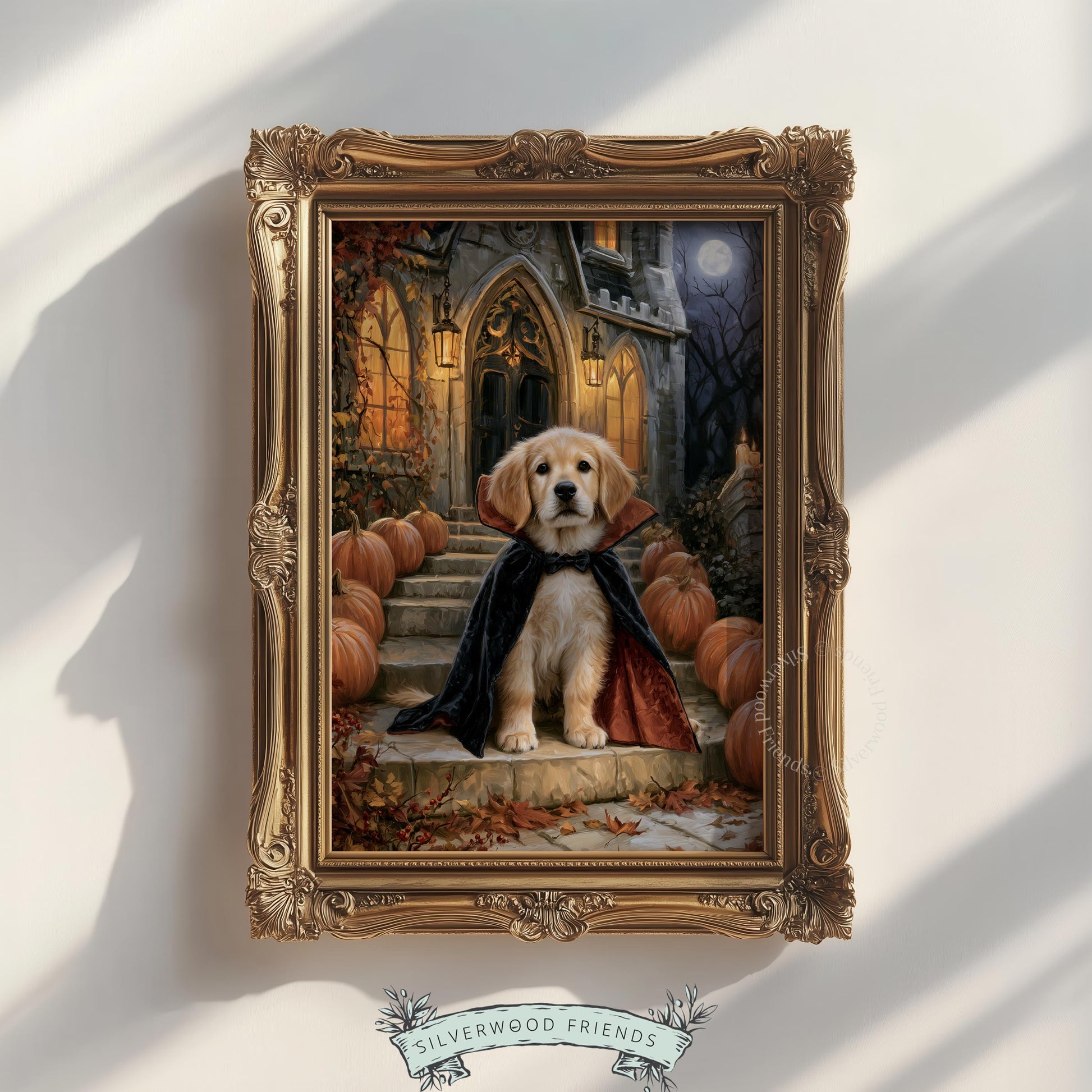 Adorable pup in vampire cape wall decor for entryway — atmospheric fall print with lanterns, full moon, and rich warm colors