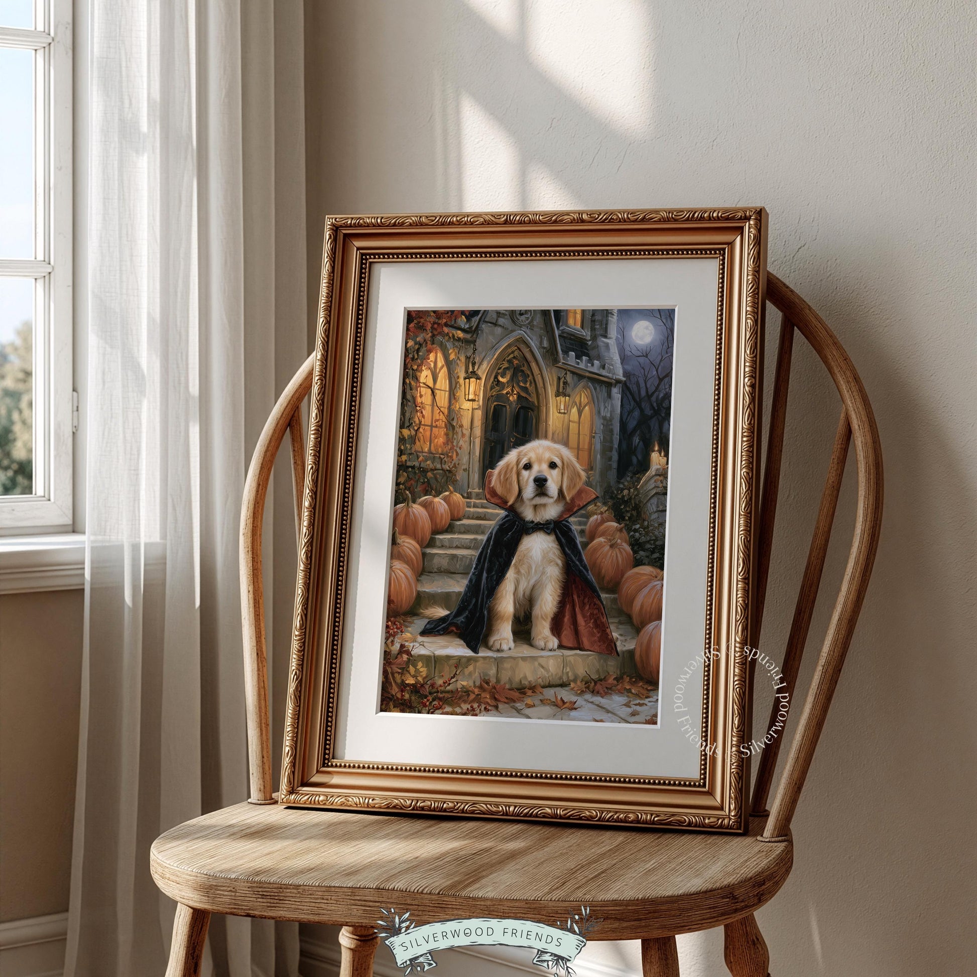 Dog in costume digital download printable art — spooky-cute seasonal portrait featuring glowing castle entrance and pumpkin patch