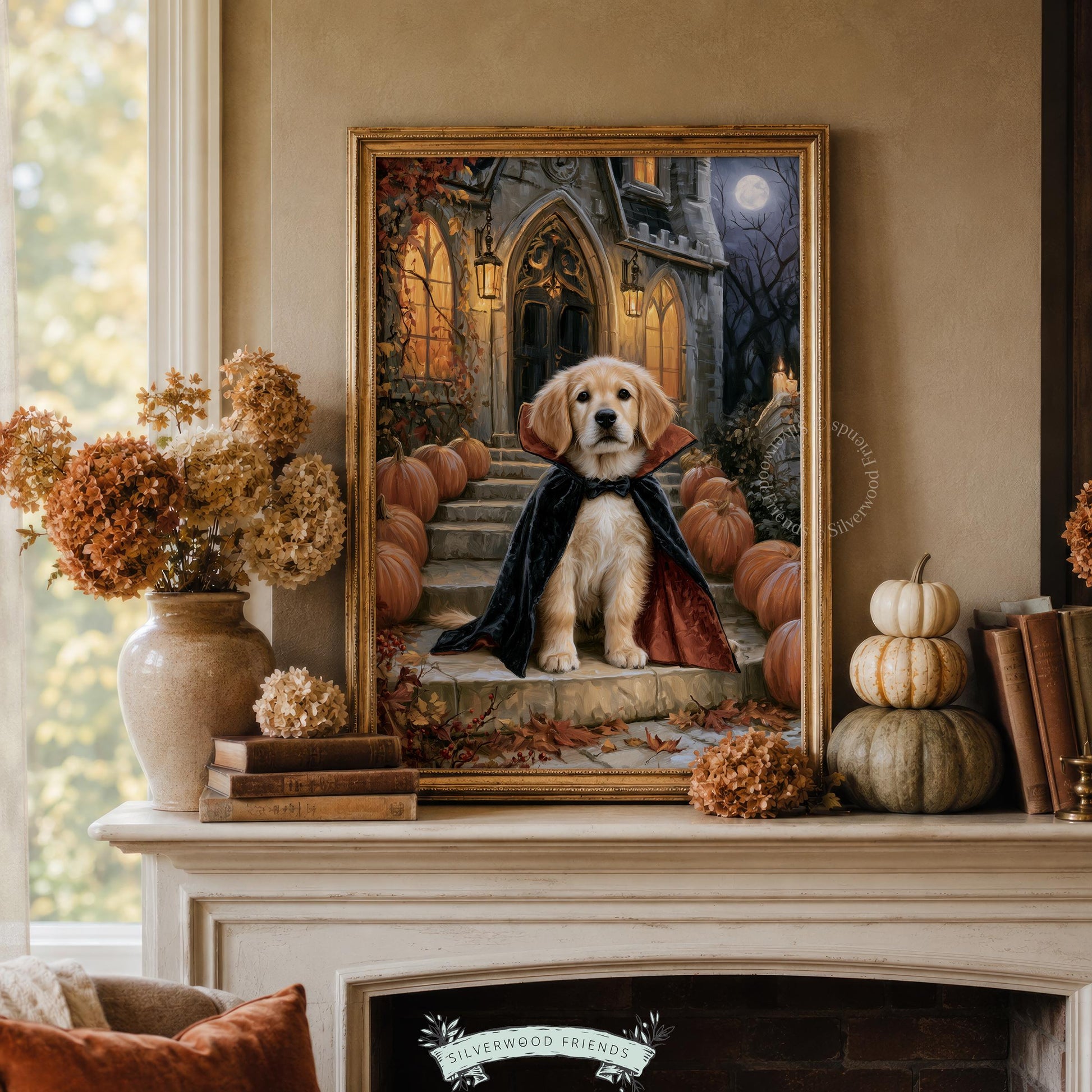 Friendly retriever Halloween printable for gallery wall — moody seasonal artwork with gothic architecture and cozy fall mood