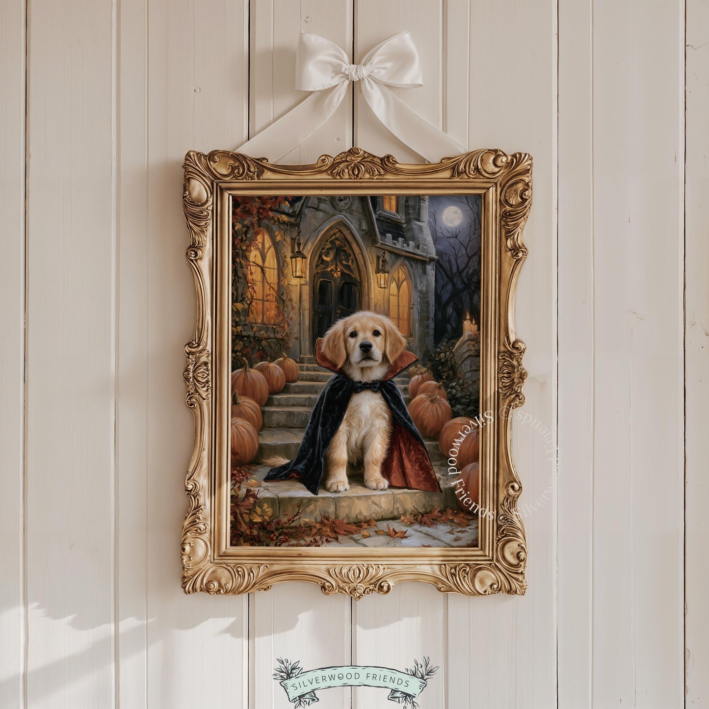 Halloween dog portrait poster — friendly golden pup in dramatic vampire attire surrounded by pumpkins and moonlit gothic setting