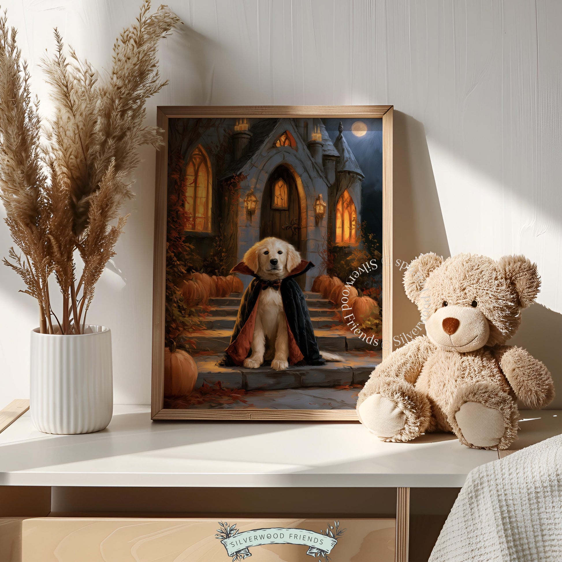Friendly ghost companion puppy poster for hallway — golden retriever vampire aesthetic with gothic charm