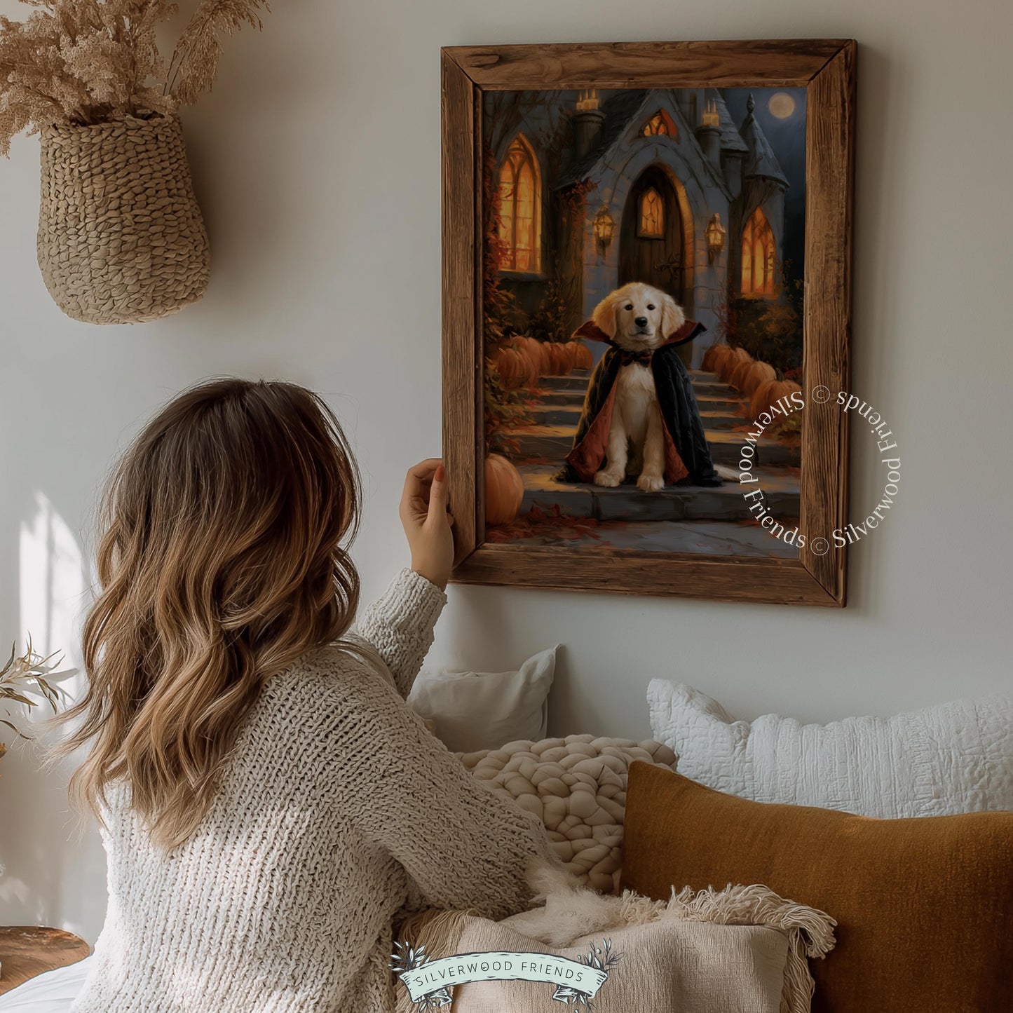 Dog Halloween portrait wall art printable — friendly golden retriever vampire illustration for cozy fall spaces