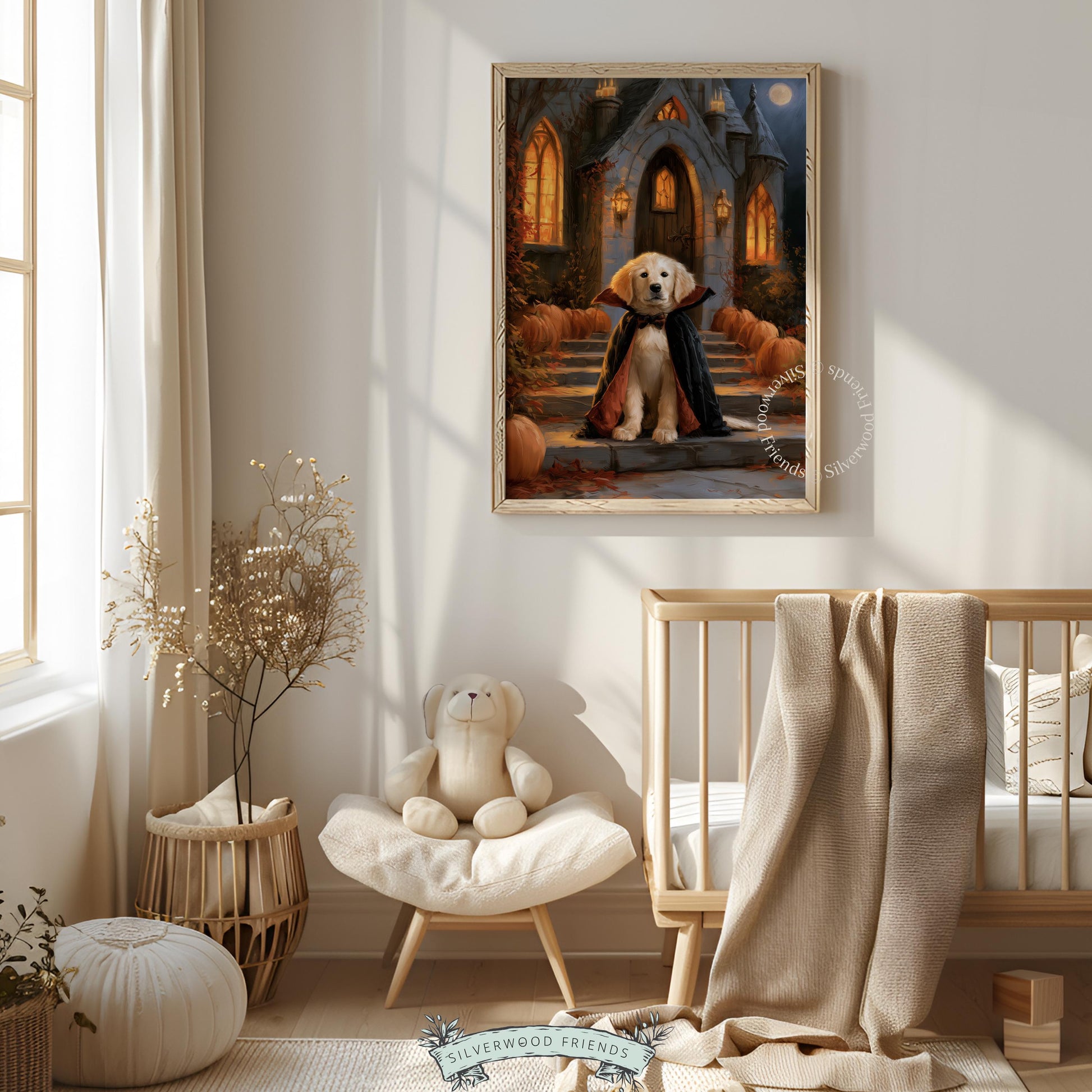 Golden retriever Halloween poster printable — witchy dark cozy décor featuring vampire-dressed labrador pup