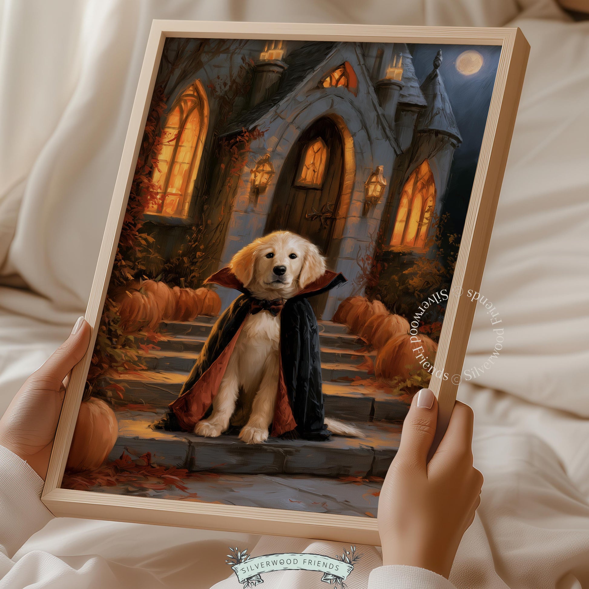 Cute dog Halloween printable for nursery — vintage-style vampire puppy portrait with pumpkins and full moon