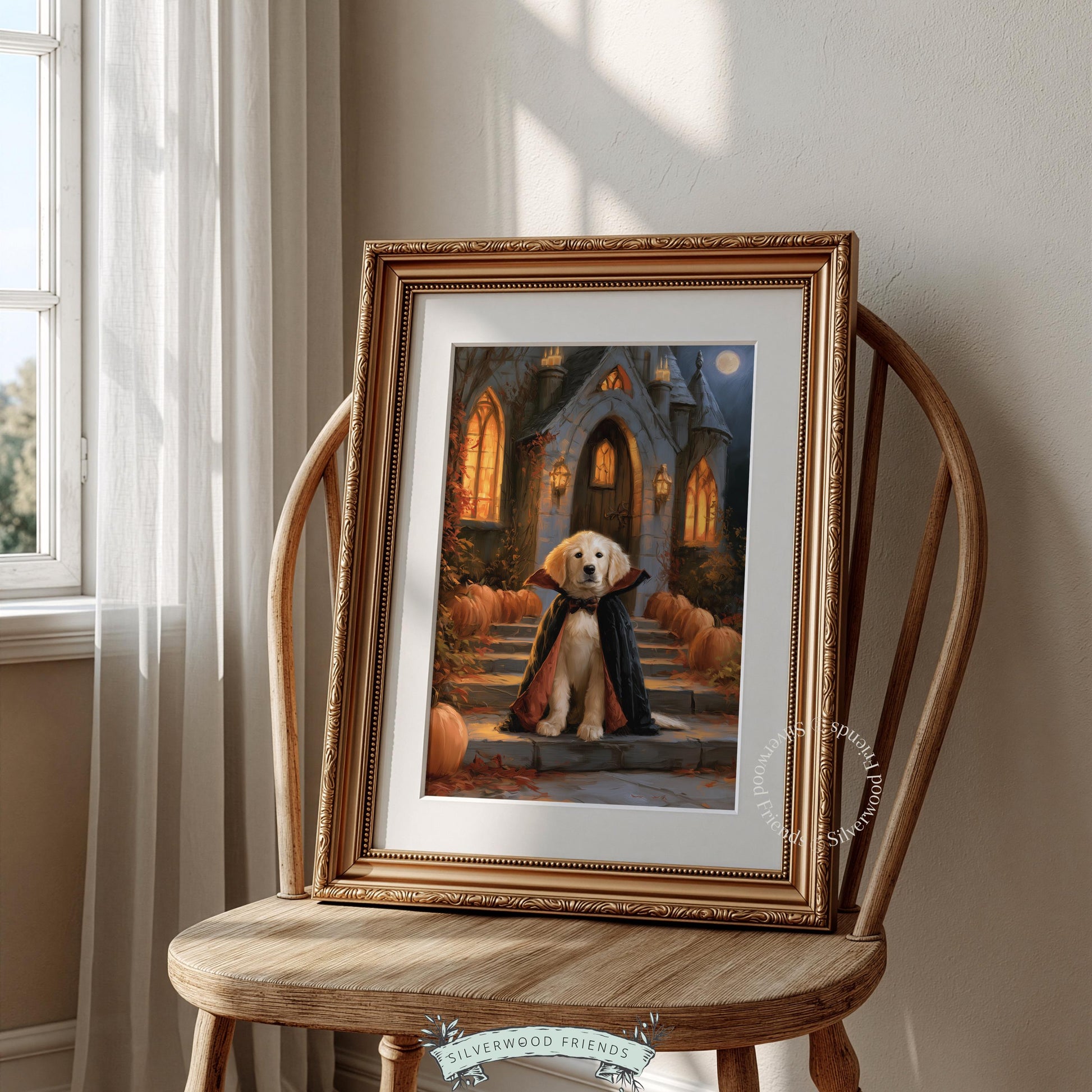 Golden retriever pup Halloween painting for study — dark academia style with castle and autumn night sky