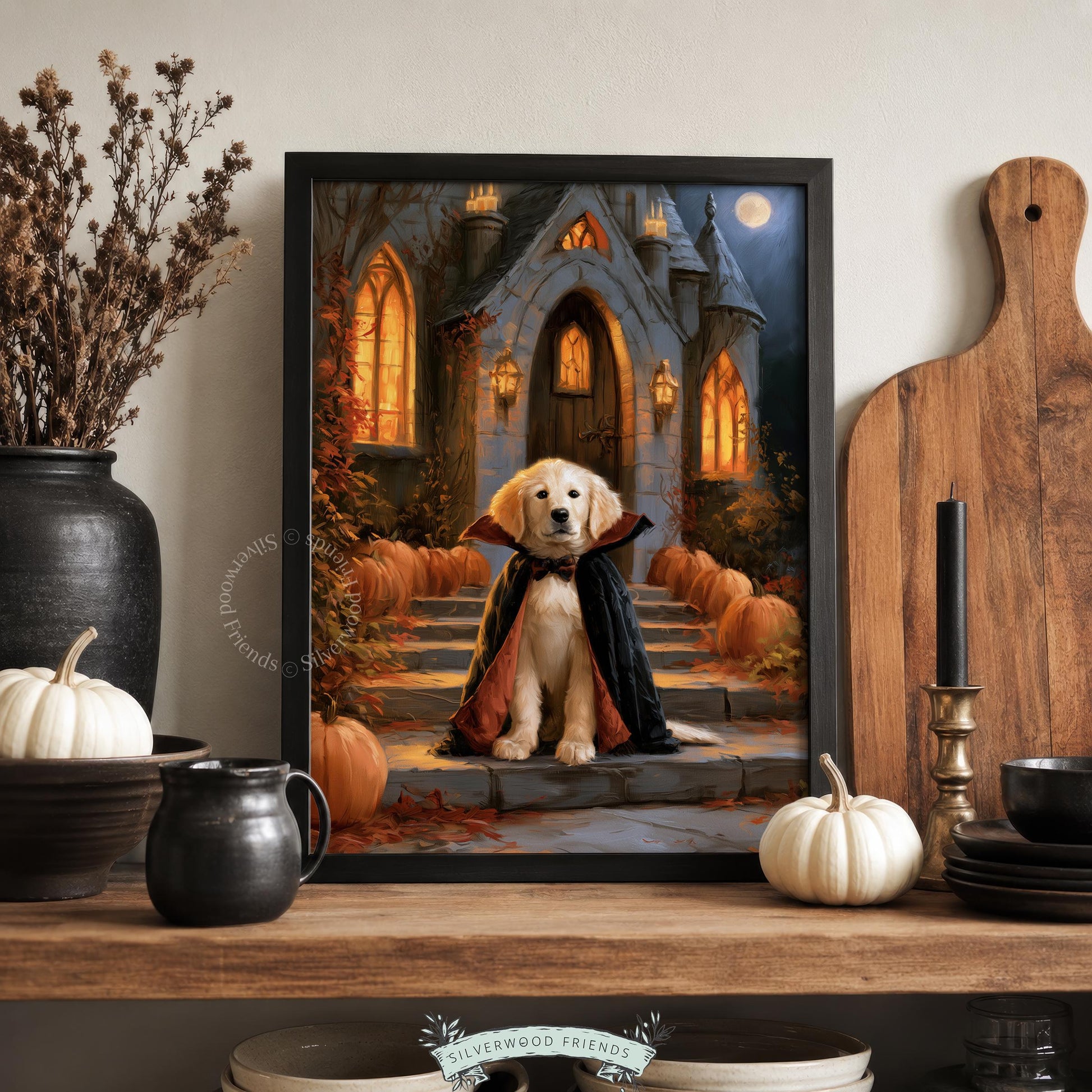 Adorable puppy in gothic cape wall art for bedroom — vintage-style spooky dog illustration with dusky ambiance