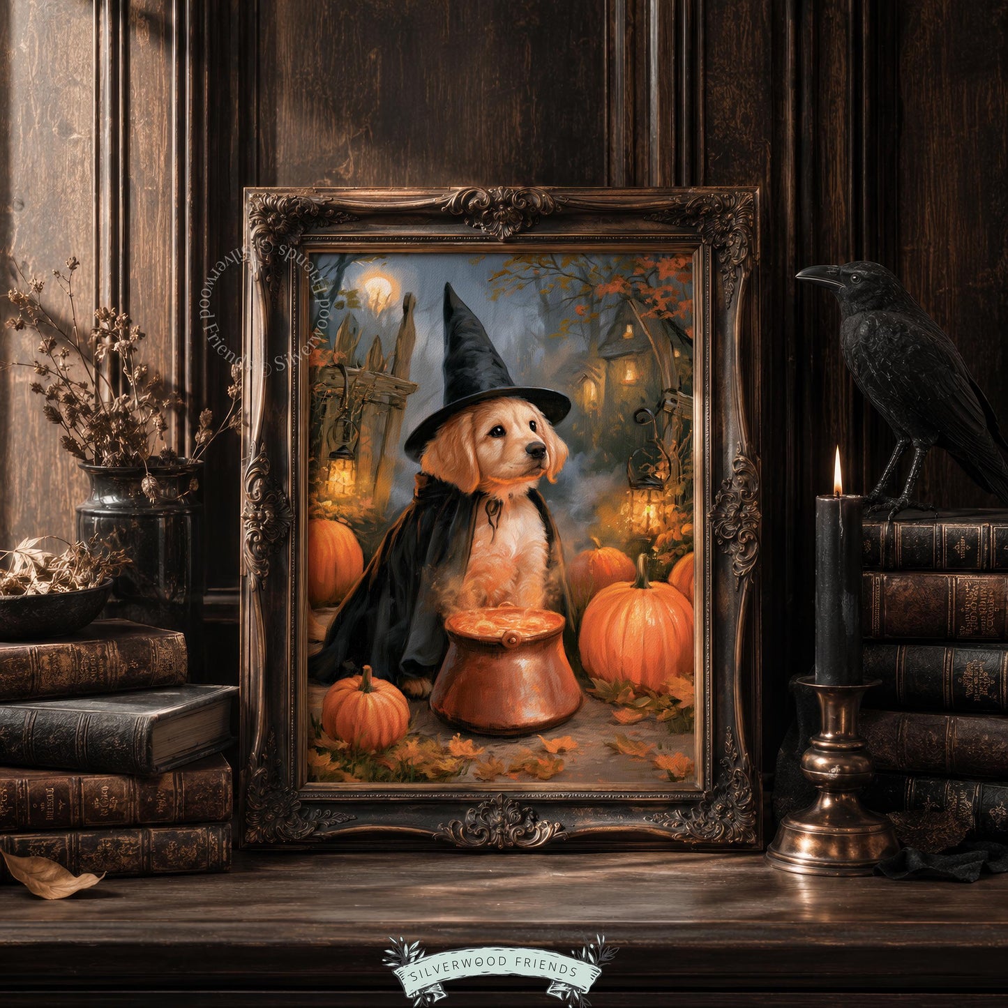 Festive Halloween hound printable art — golden retriever witch portrait with vintage brushwork style