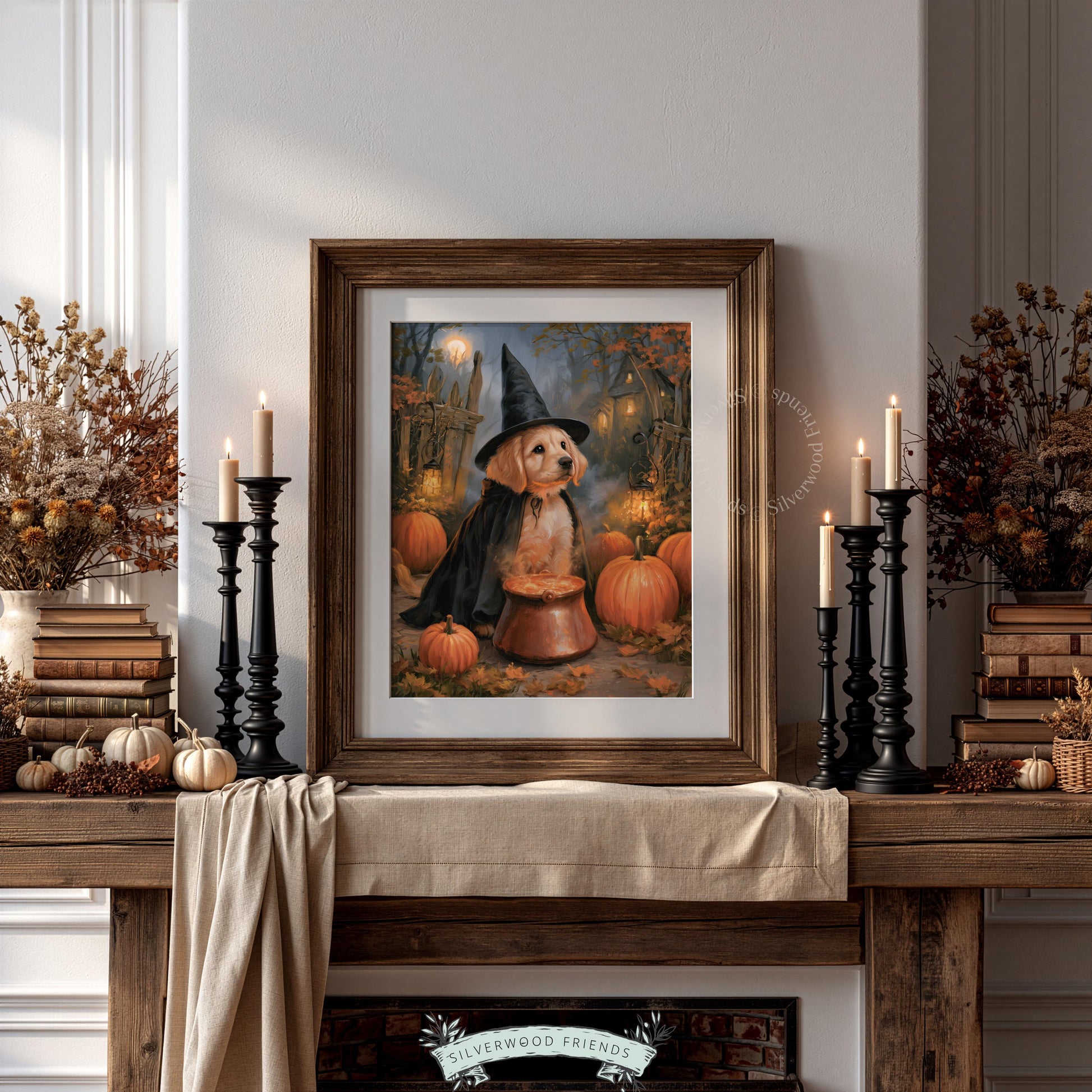 Spooky season dog picture for bedroom — charming witch pup with glowing pot and moody fall colors