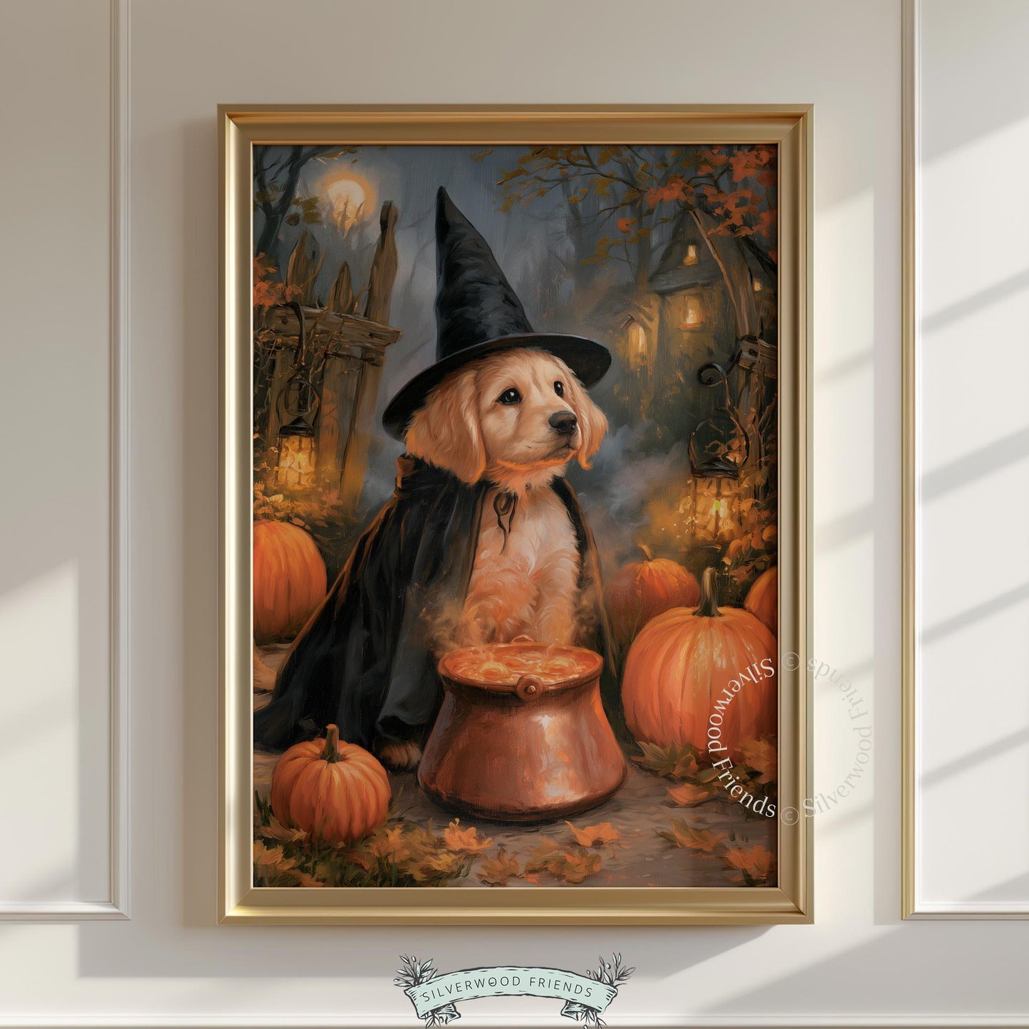 Witchy golden retriever digital print for living room — cozy fall artwork with haunted house and lanterns