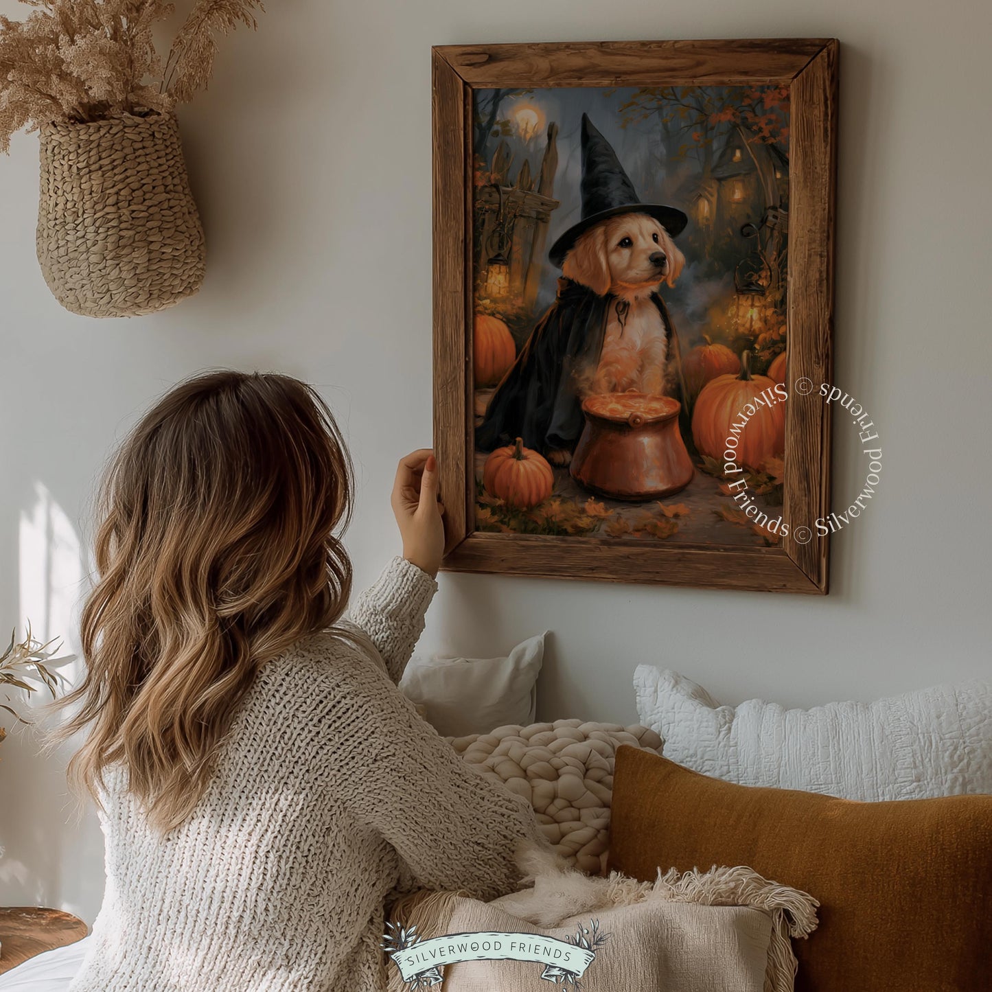 Witchy dog digital wall art for entryway — cozy seasonal aesthetic featuring pointed hat and mystical vibes