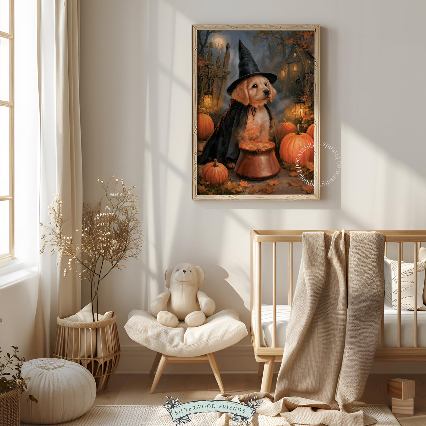Witch puppy painting wall art for bedroom — spooky-cute golden retriever in pointed hat stirring cauldron