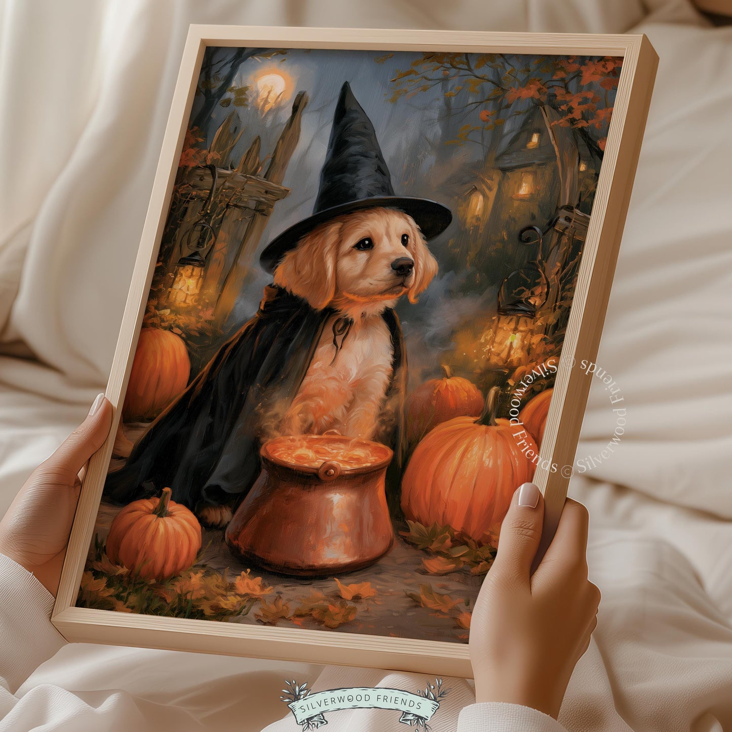 Halloween puppy print wall decor — glowing lantern scene with costumed retriever and spooky ambiance
