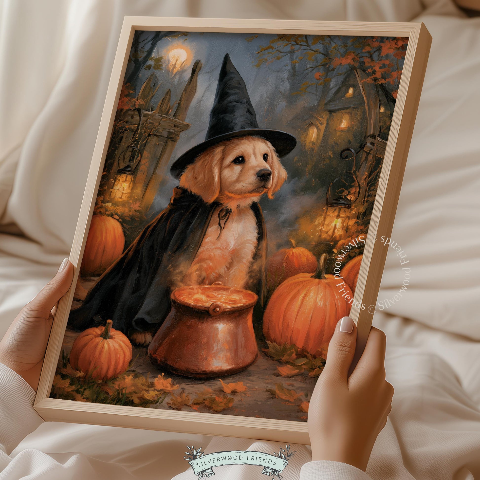 Halloween puppy print wall decor — glowing lantern scene with costumed retriever and spooky ambiance