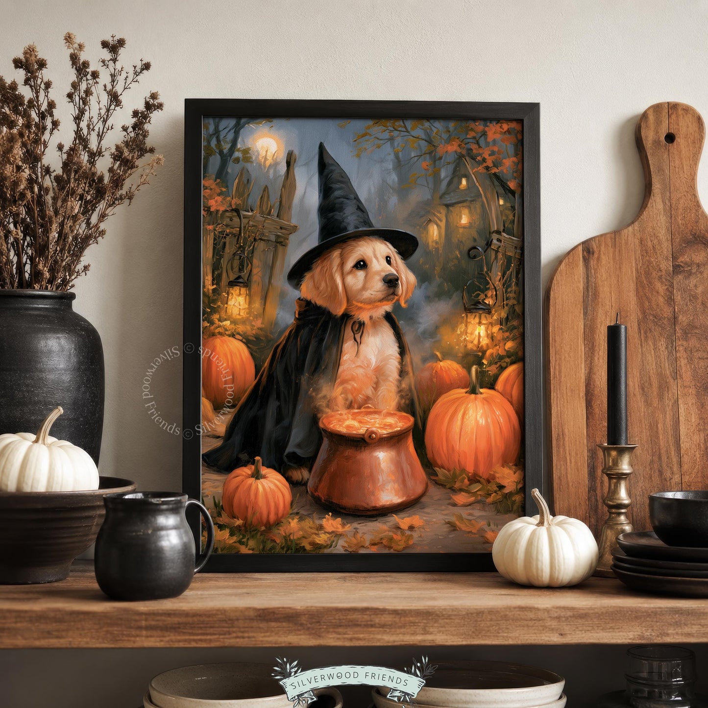 Cozy Halloween dog wall art for home — charming golden retriever witch surrounded by seasonal elements