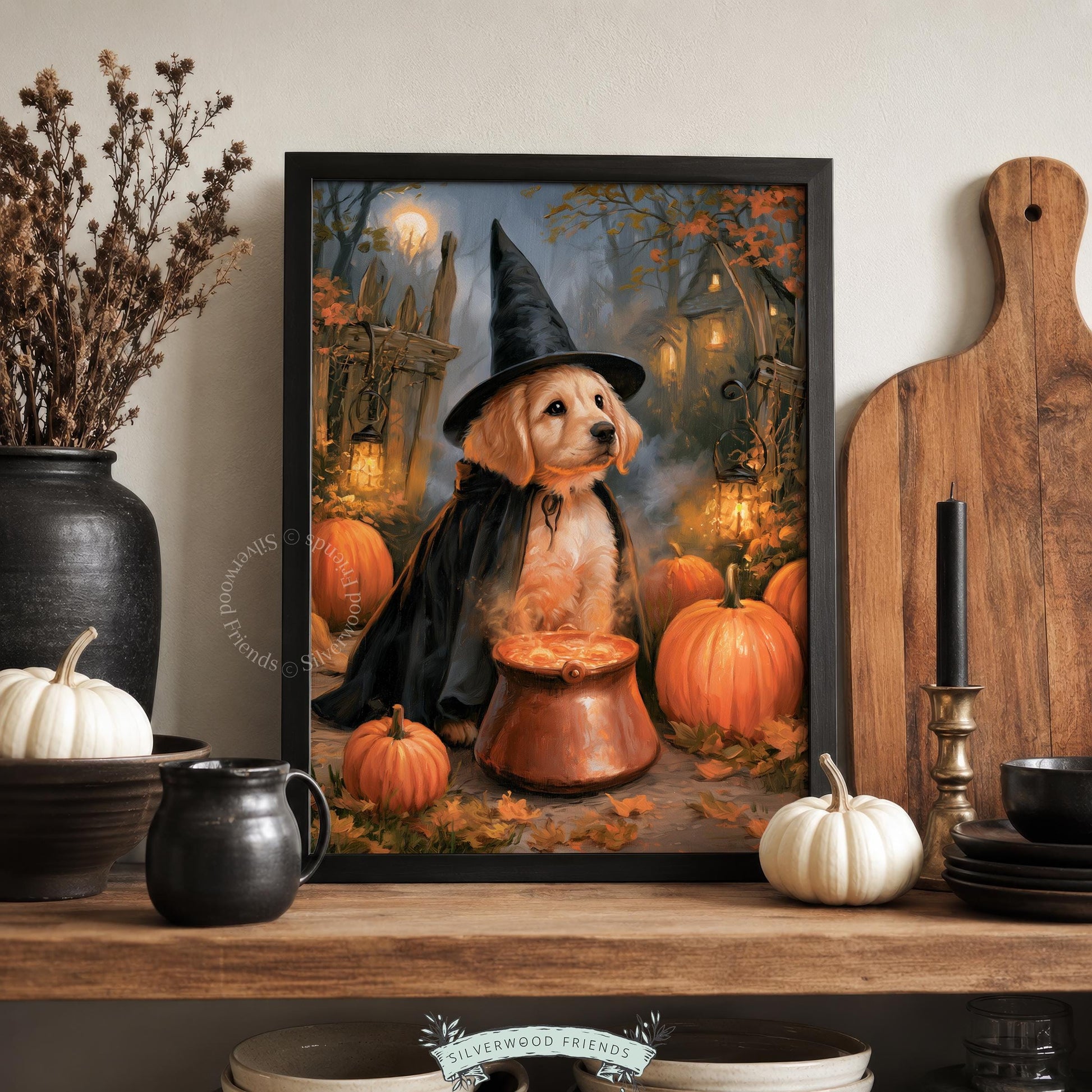 Cozy Halloween dog wall art for home — charming golden retriever witch surrounded by seasonal elements