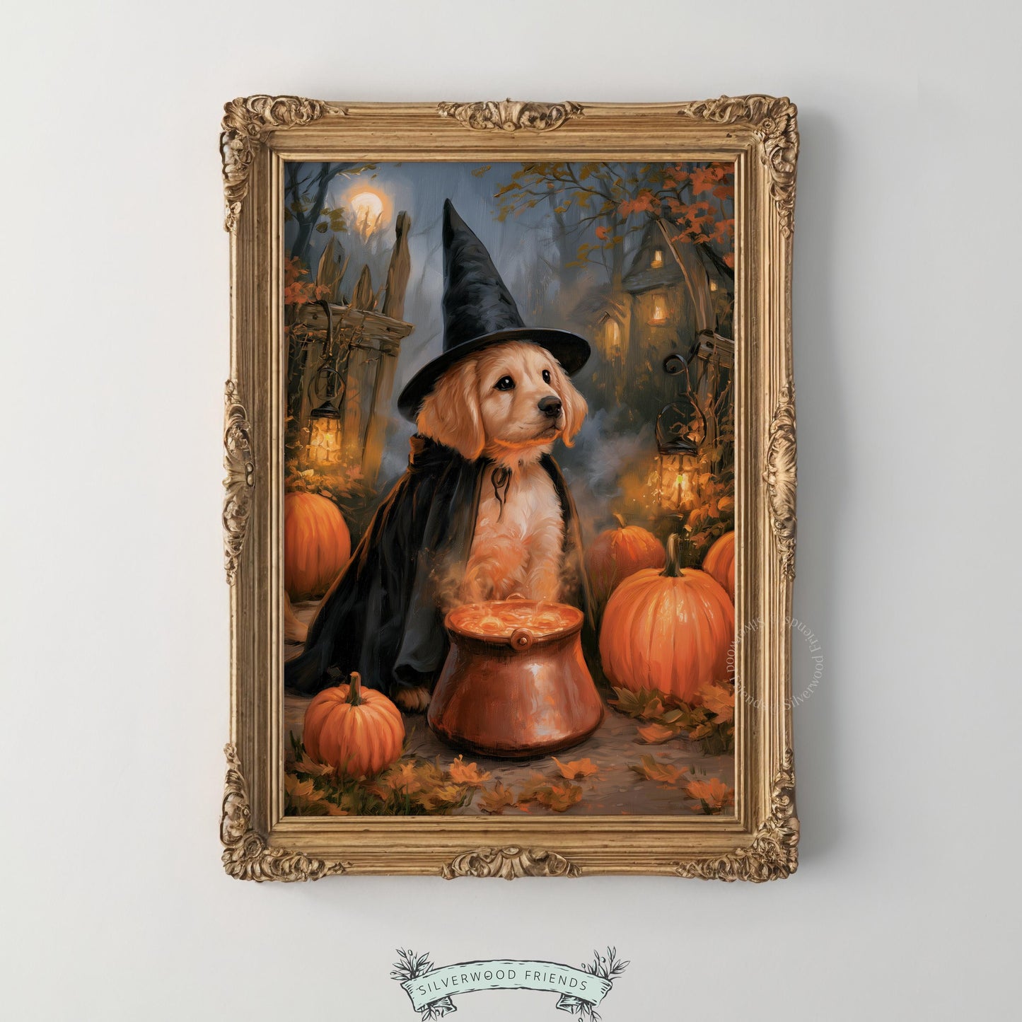 Witch-dressed dog artwork instant download for kitchen — festive autumn cottage core style