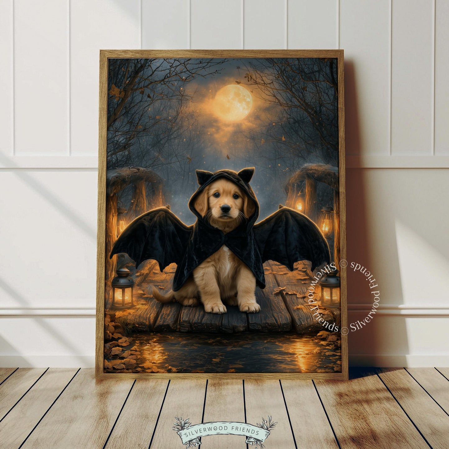 Puppy Halloween disguise printable wall decor for bedroom — textured digital art with atmospheric lantern-lit landscape