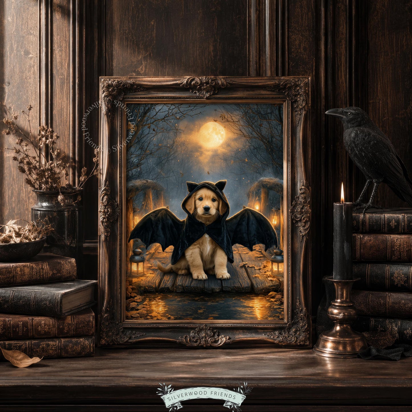 Costumed puppy on dock digital art for study — autumn moon painting with glowing lanterns and witchy woodland mood