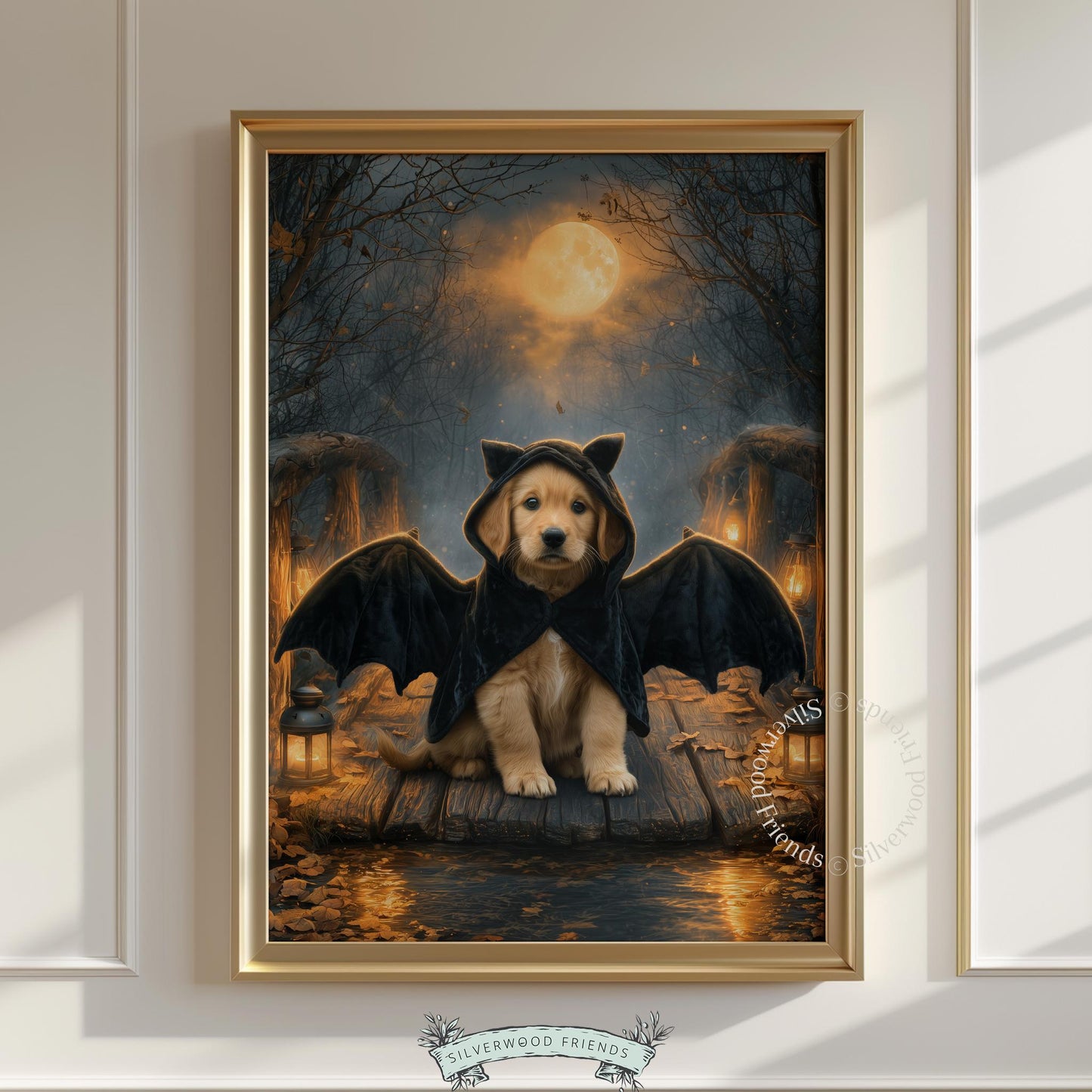 Retriever pup in bat cape wall print for nursery — warm vintage tones mixed with cool nighttime shadows and mystery