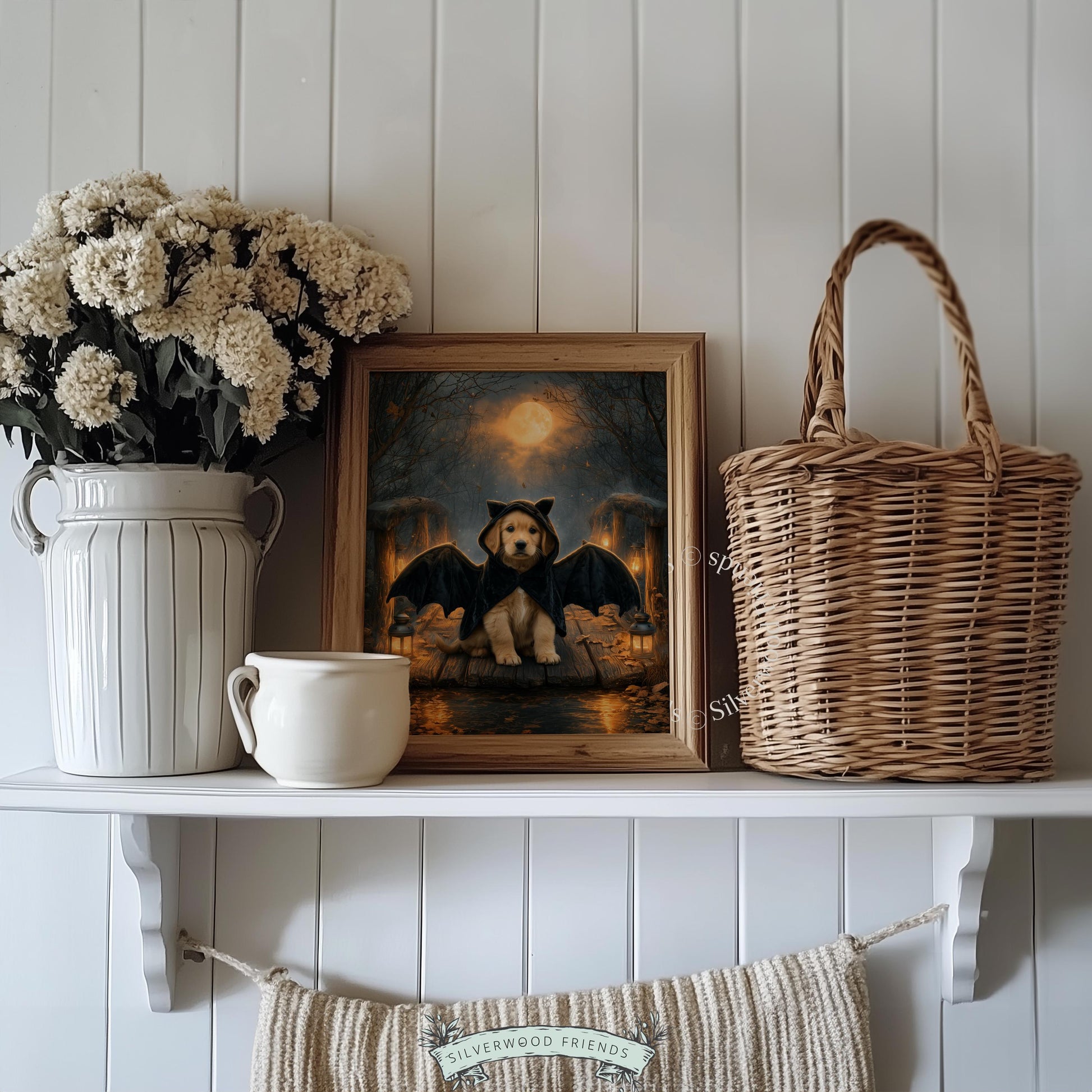 Winged puppy portrait poster for seasonal decor — textured artwork blending rustic dock setting with supernatural twilight glow