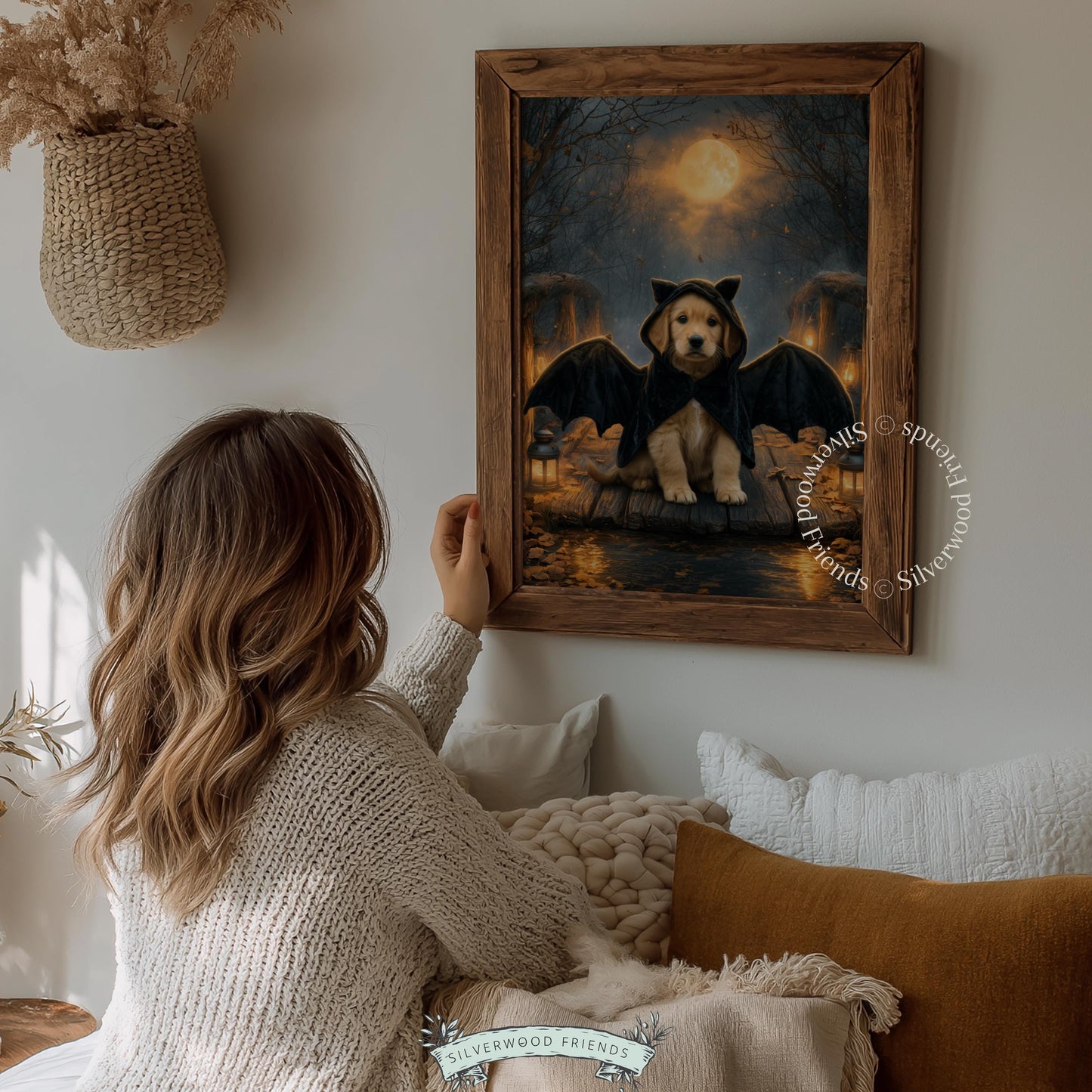 Golden retriever Halloween character wall print for home — richly textured nocturnal scene with glowing lanterns and mysterious moonlit dock