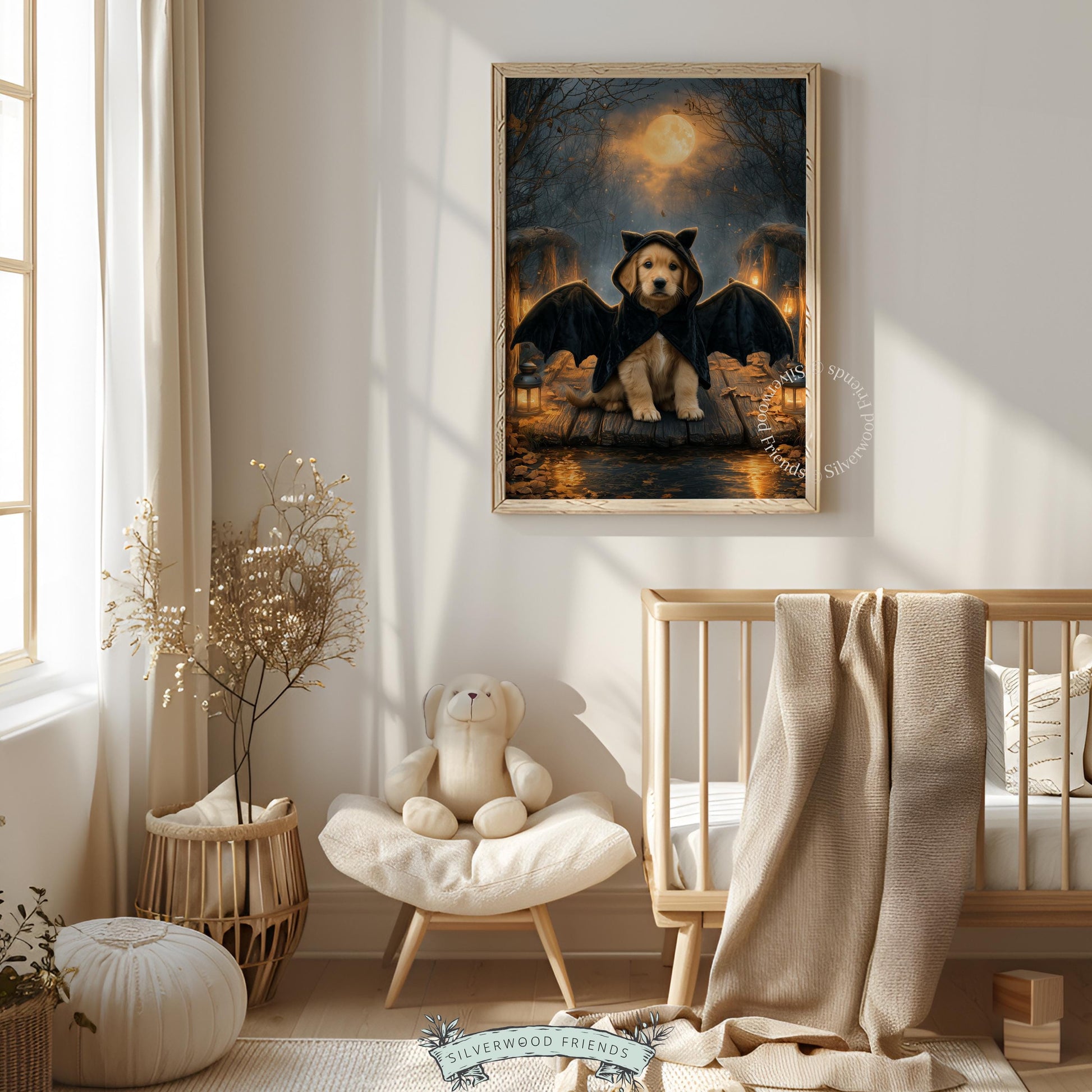 Puppy wearing costume artwork printable — cozy creepy aesthetic combining friendly pup subject with dark blue witchy surroundings